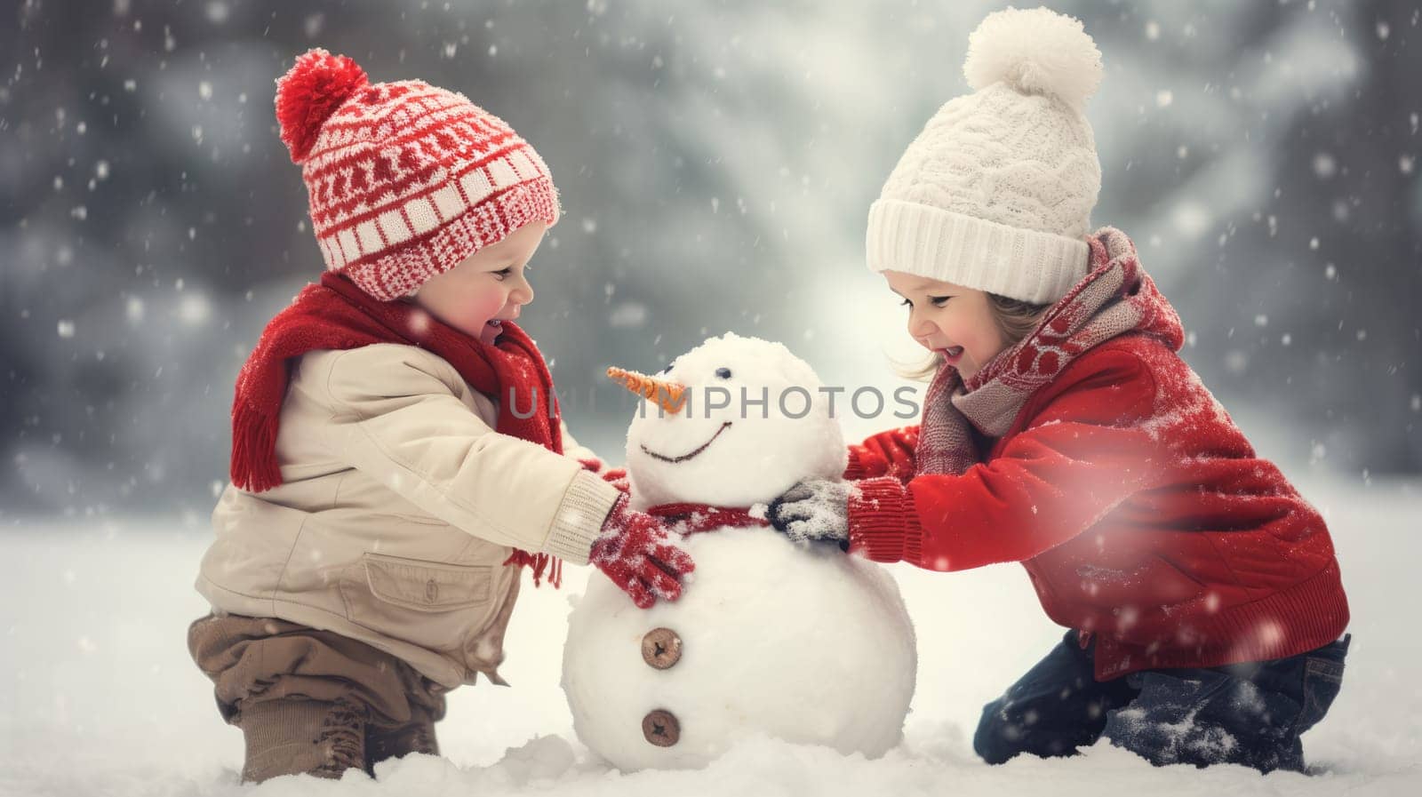 Kids building snow man playing outdoors on sunny snowy winter day. Outdoor family fun on Christmas vacation