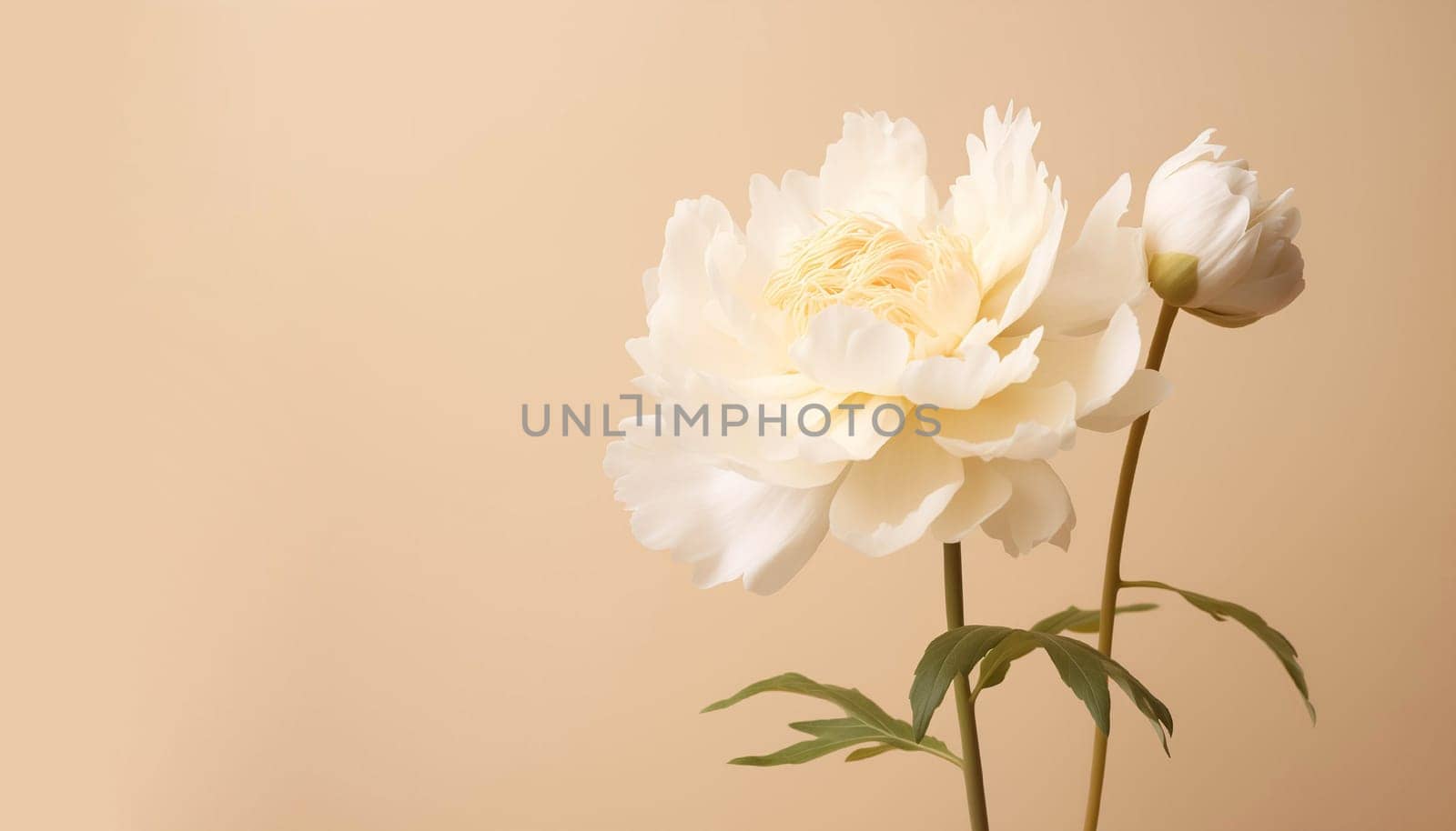 White peony flower on a beige wall. Minimal stylish flower arrangement still life. Banner with copy space. High quality photo