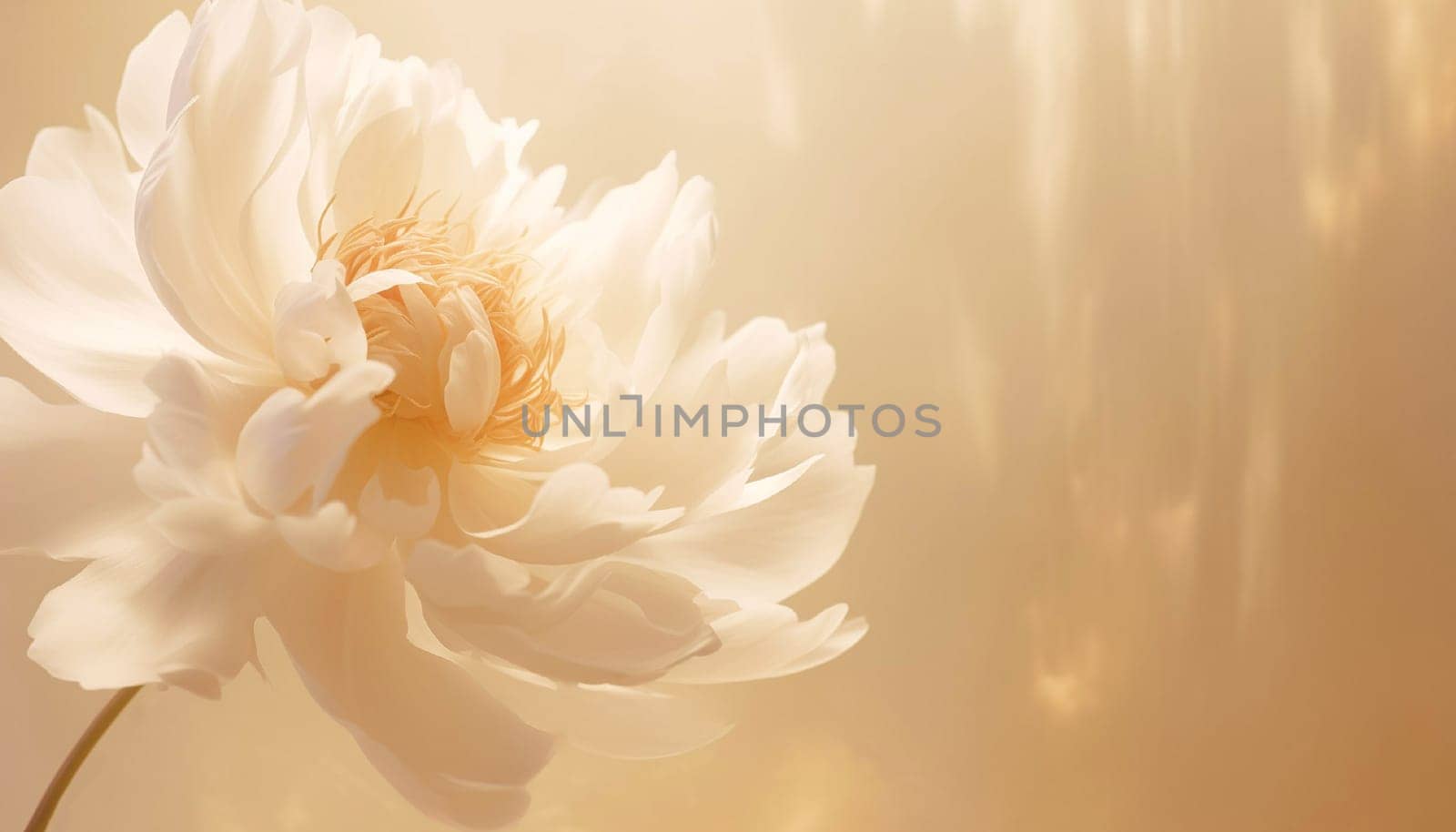 White peony flower on a beige wall. Minimal stylish flower arrangement still life. Banner with copy space. by kizuneko