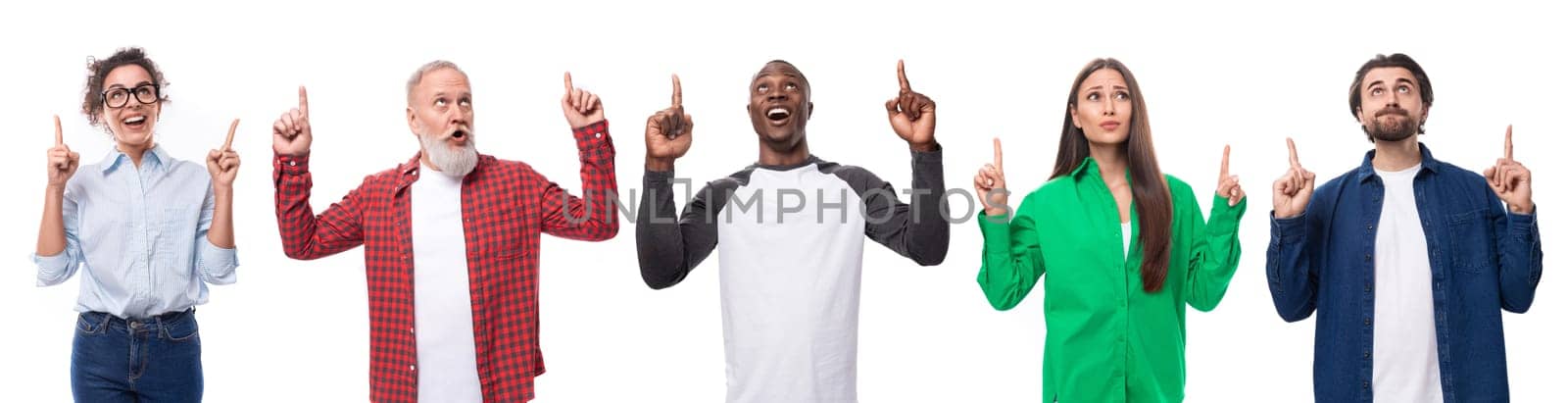 Collage of a group of people of different ages and nationalities pointing their fingers up at the news.