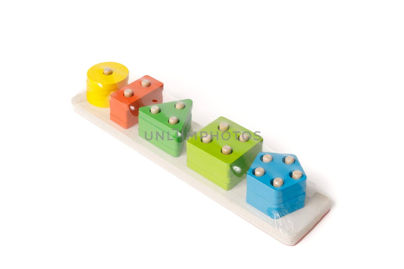 New children's wooden educational toy packed in polyethylene on a white background.
