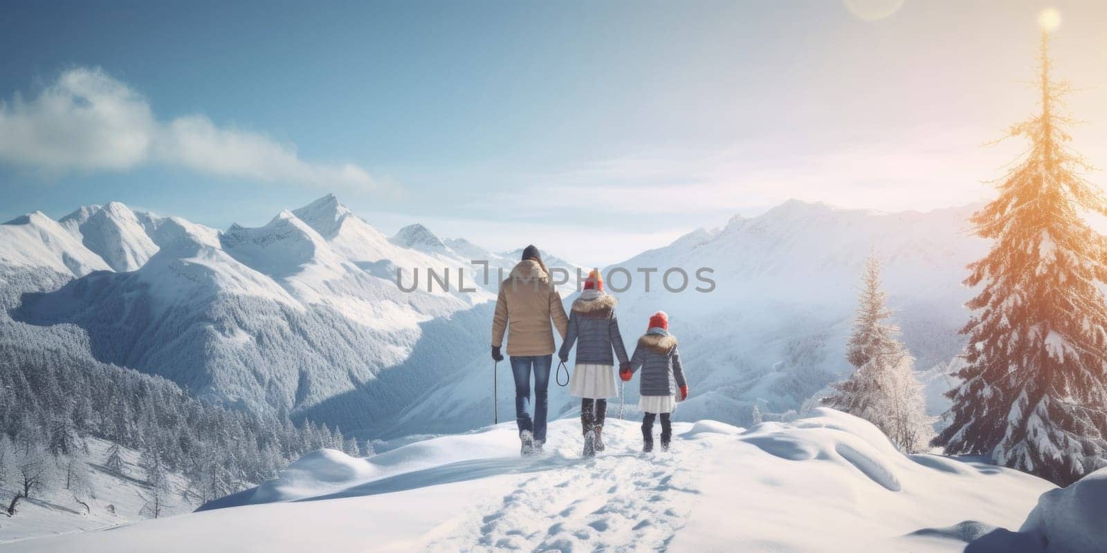 Happy family Father, mother and children are having fun and playing on snowy winter walk in nature. comeliness