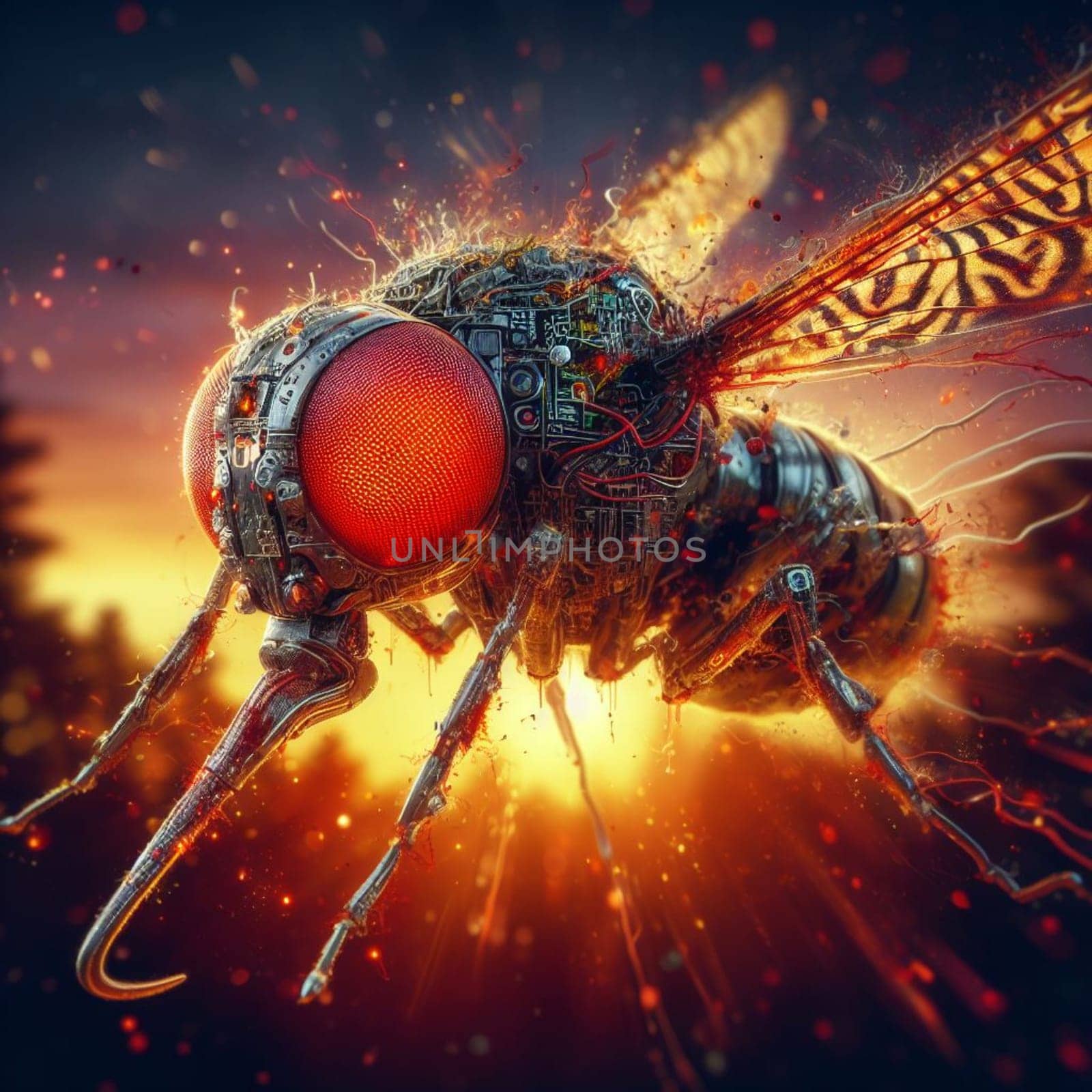 genetically modified macro closeup of nano robot engineered weapon mosquito in action concept design by verbano