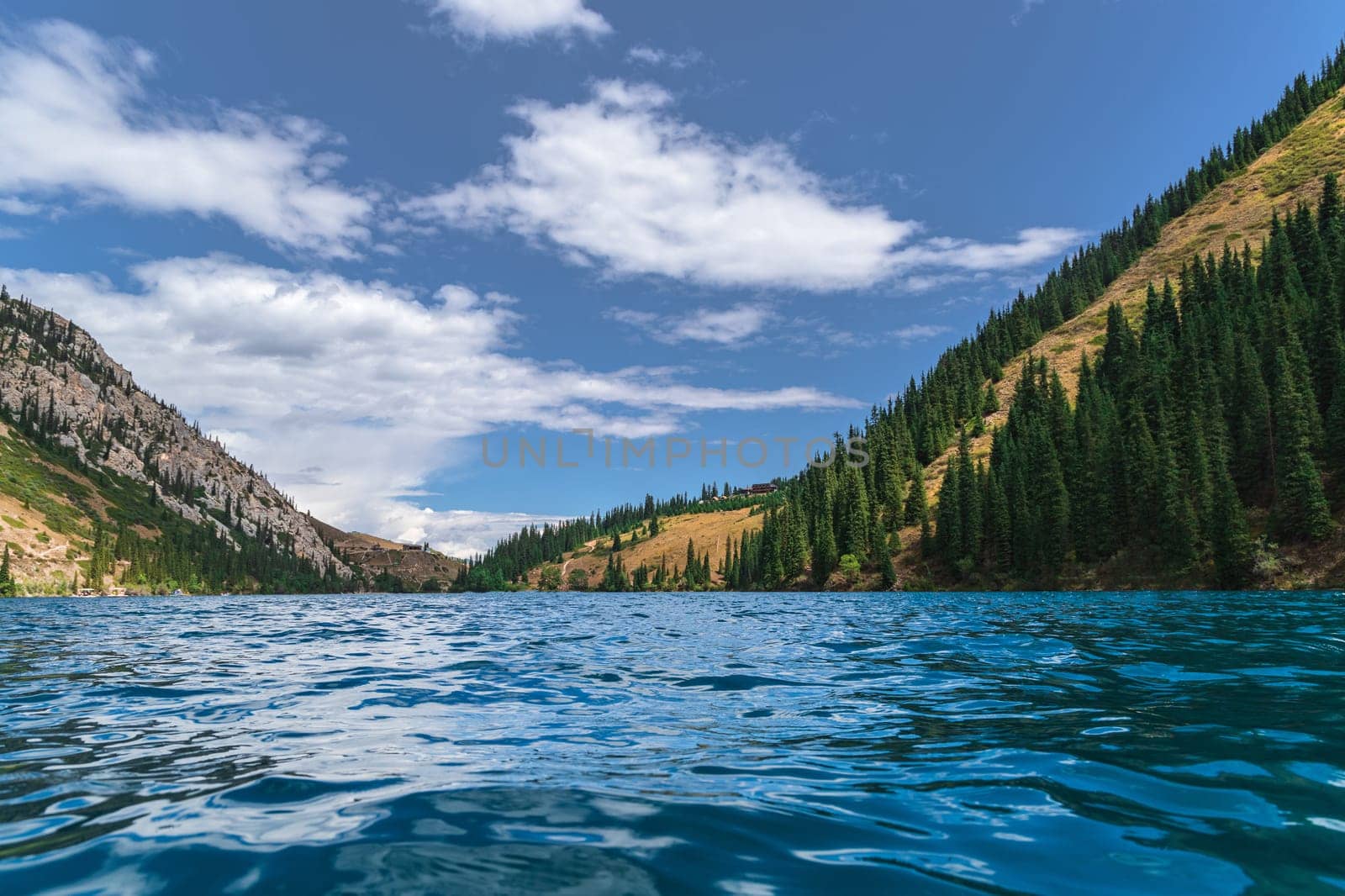 Lower Kolsay lake in Kolsai Koldery gorge, nature of Kazakhstan National Park, North Tian Shan mountains.