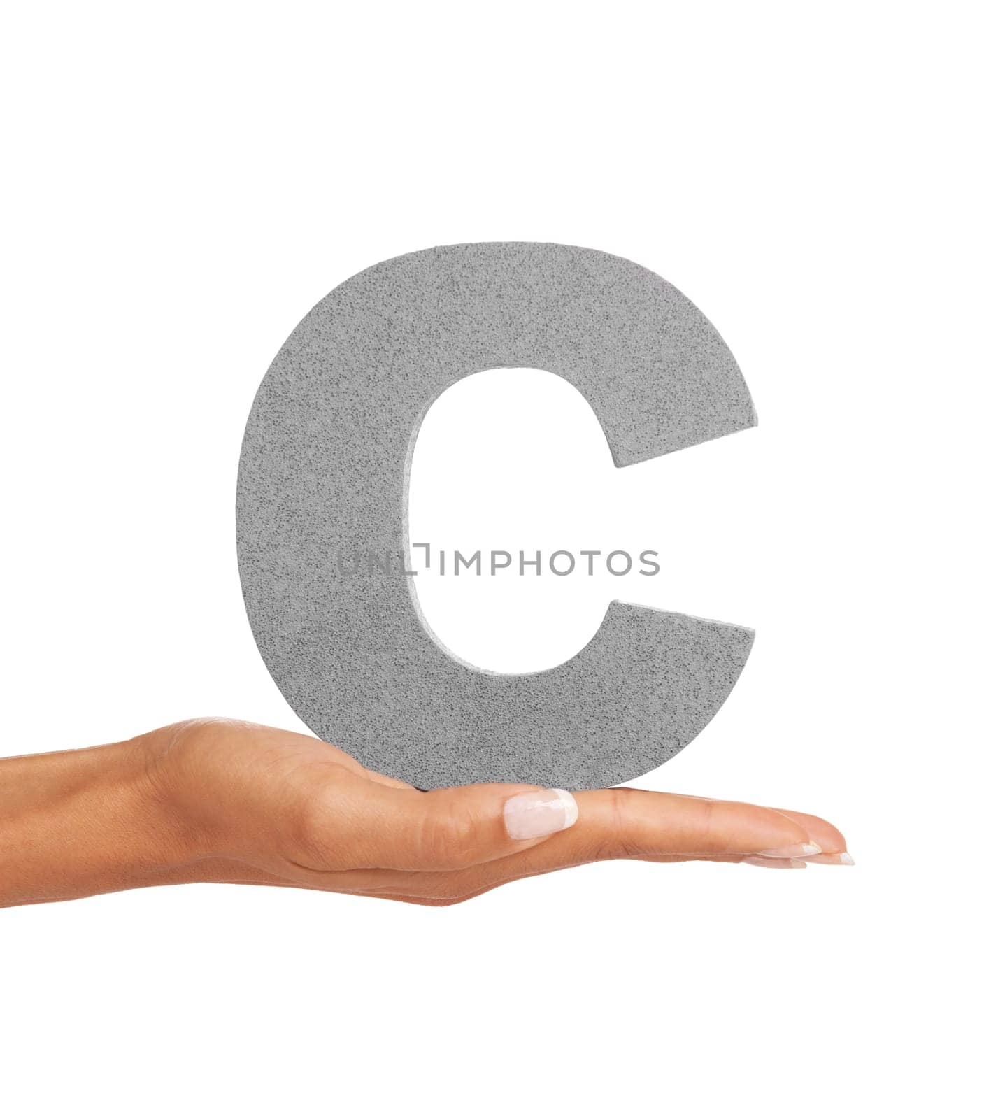 Woman, hand and letter or font in studio for advertising, learning or teaching presentation. Sign, alphabet or character for marketing, text or communication and grammar or symbol on white background.