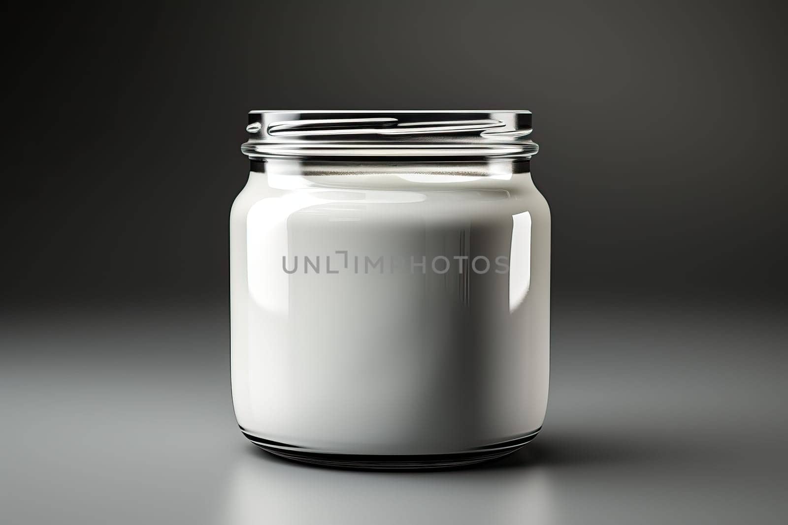 A glass jar with a white liquid on which the lid is screwed on a gray background.