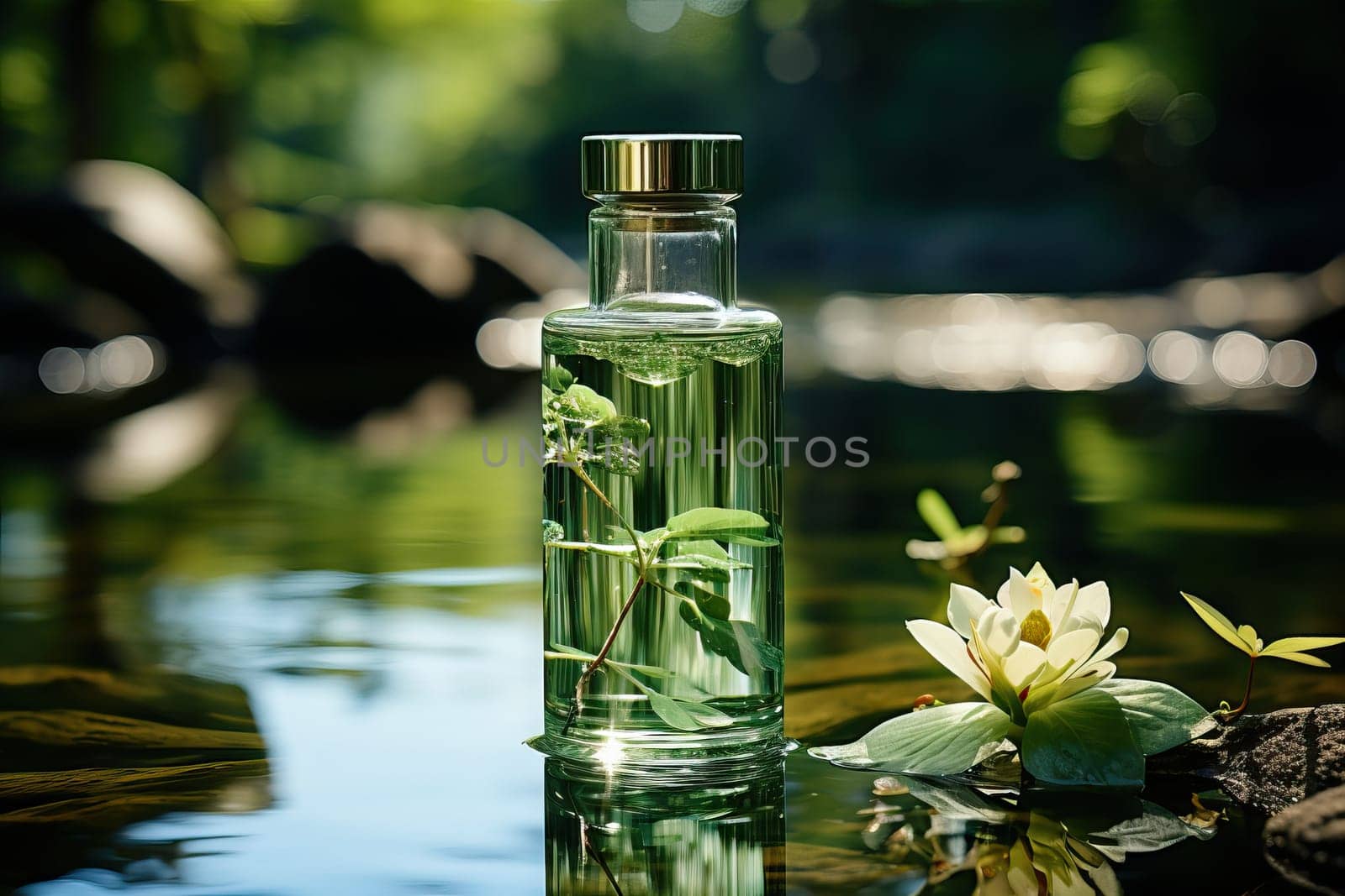 A bottle of fresh toilet water on a natural basis stands in water with green leaves and flowers.