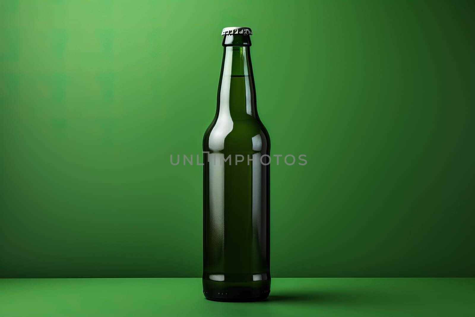 Glass green beer bottle, beer maker mockup on green background.