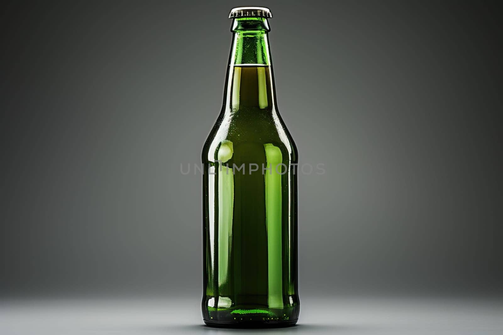 Green beer bottle isolated on white gray background, beer advertising banner.