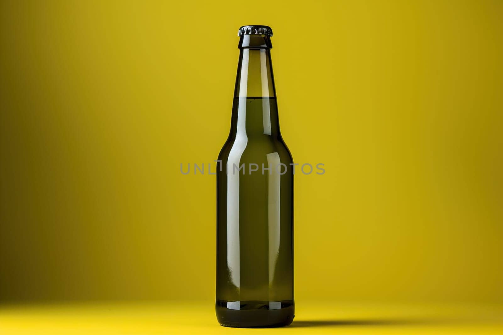 Glass green beer bottle, beer maker mockup on yellow background.