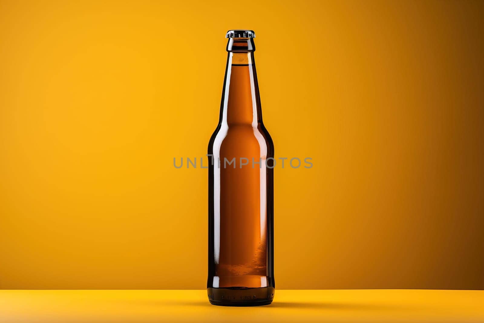 Glass brown beer bottle, beer maker mockup on yellow background.