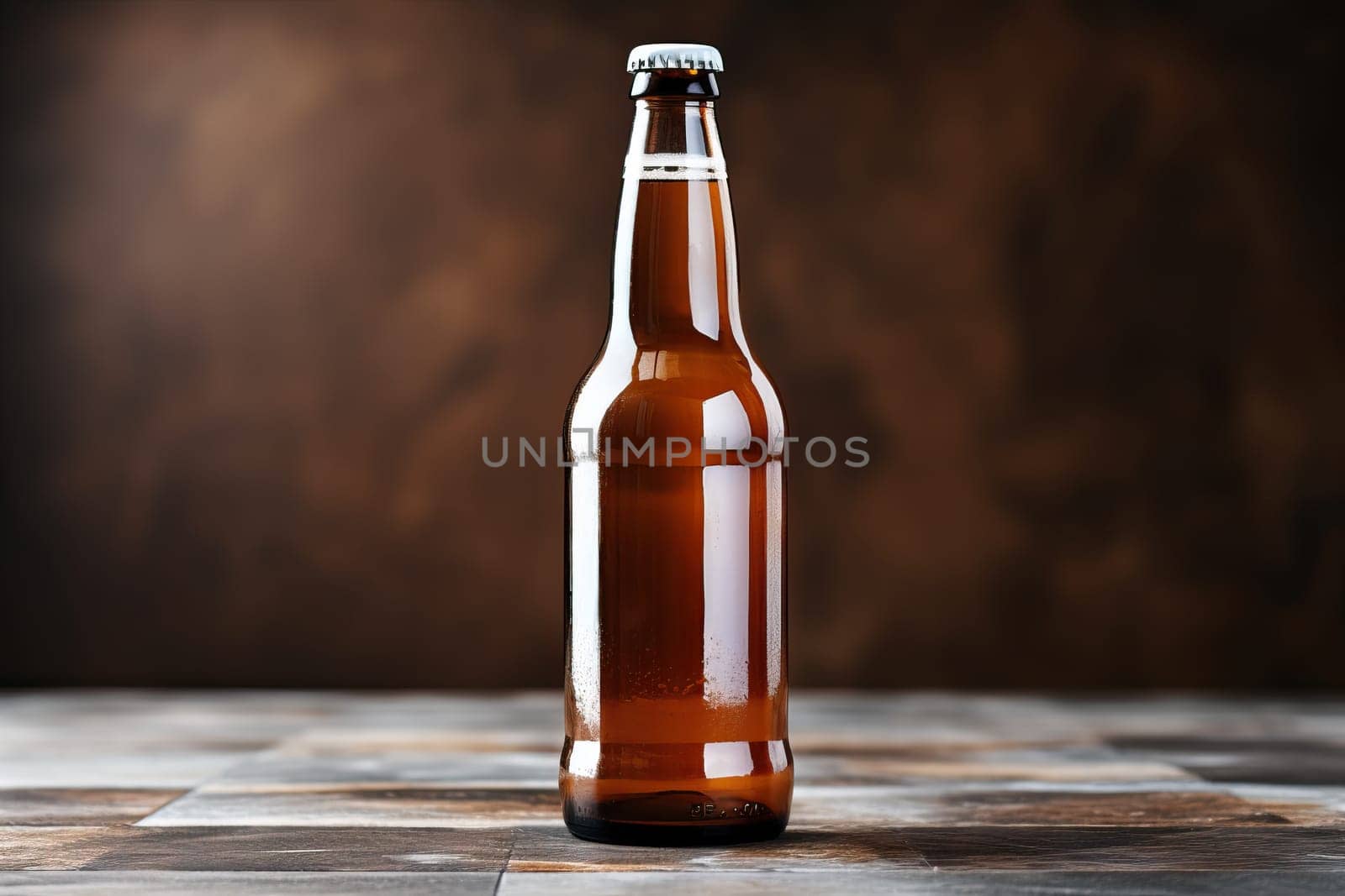 Glass brown beer bottle, beer maker mockup on brown background in venetian style.