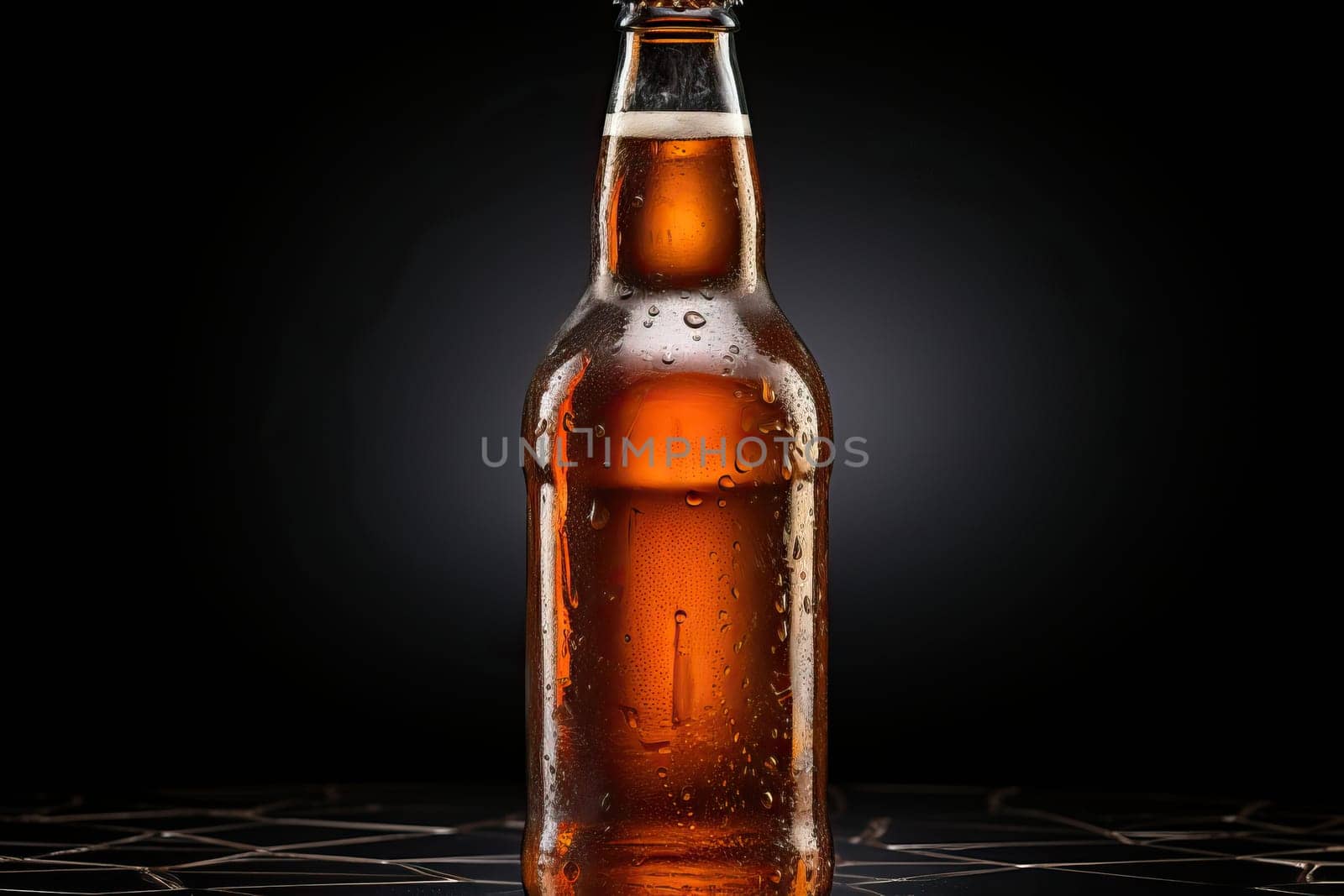 Glass brown bottle with water drops for beer, beer maker mockup on black background.