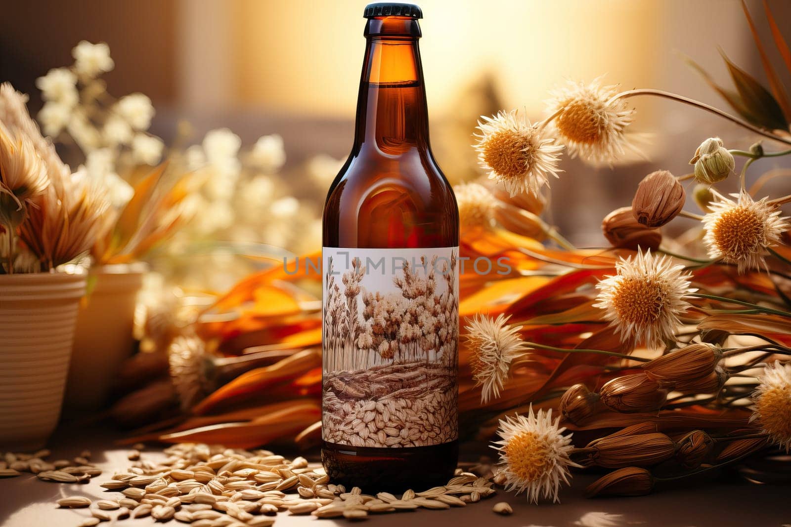 Brown big bottle of foamy beer on table with ears of rye, beer advertising banner.