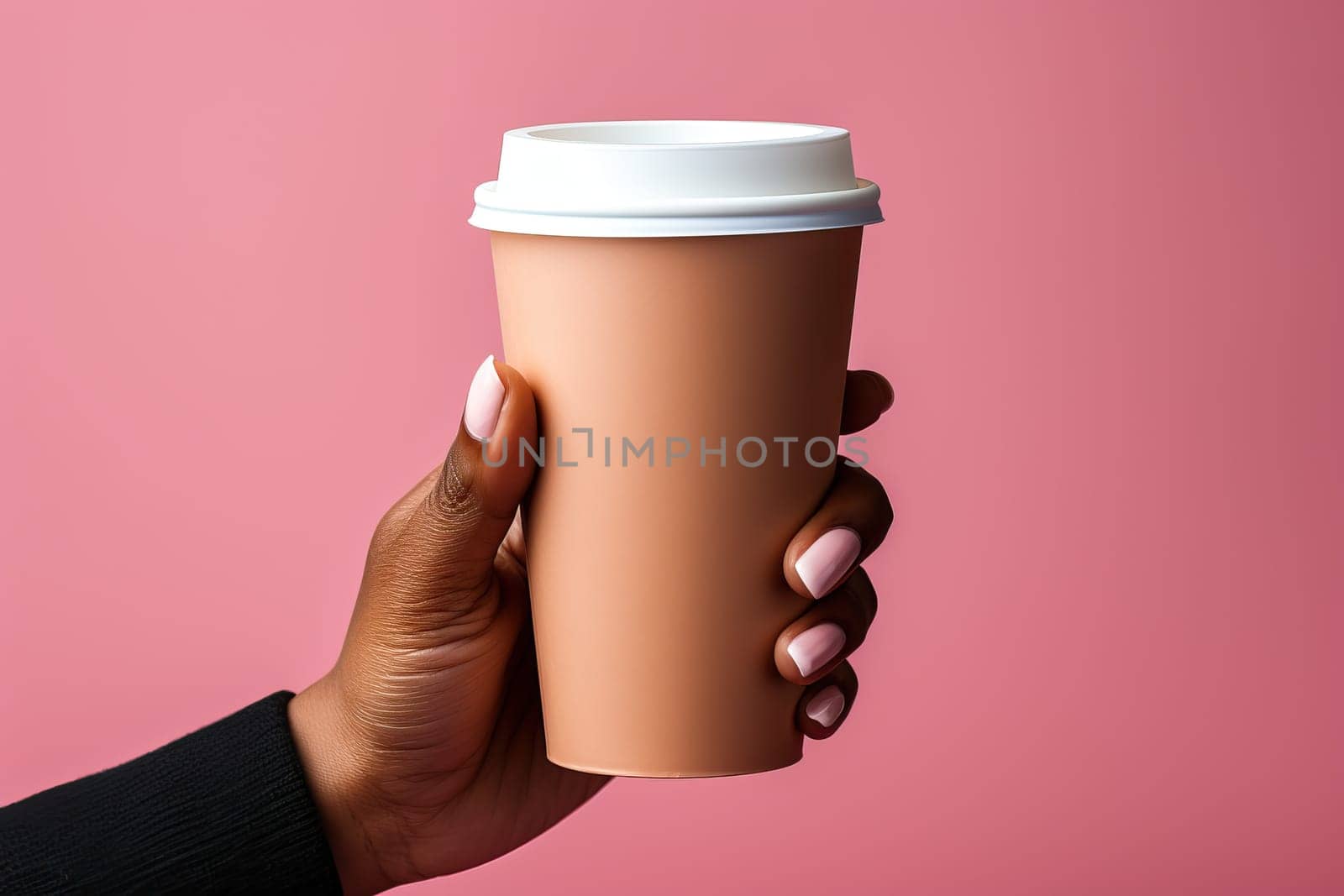 A woman holds a cup of coffee in her hands on a pink background, mockup for business ideas with coffee.