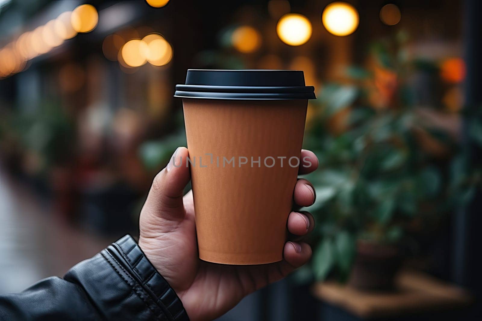 A man holds a paper cup in his hands for hot drinks on the background of a cafe.