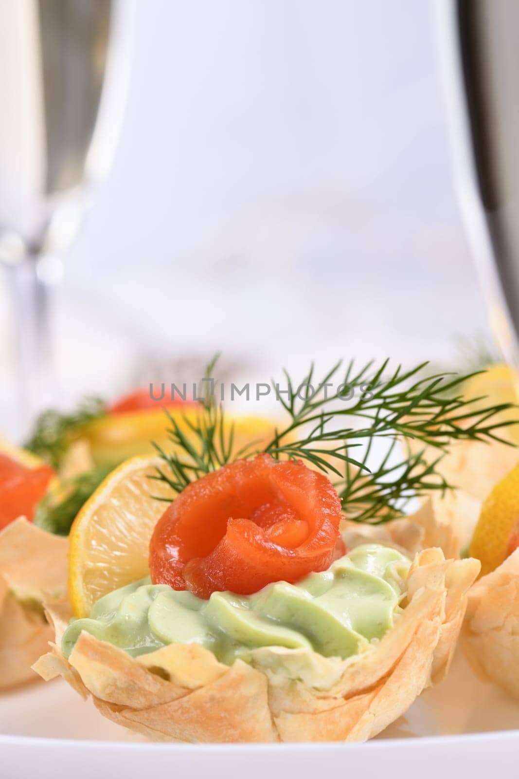 Filo dough baskets with avocado pate and salmon by Apolonia