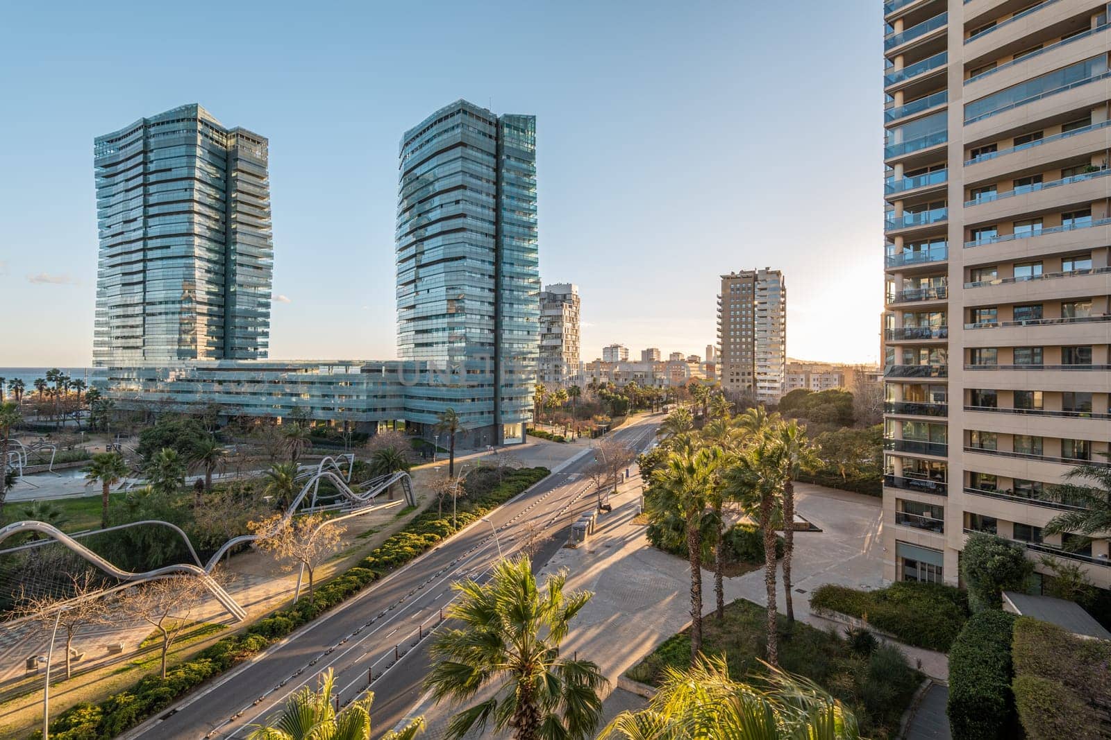 Diagonal Mar area in Barcelona with skyscrapers and road junctions by apavlin