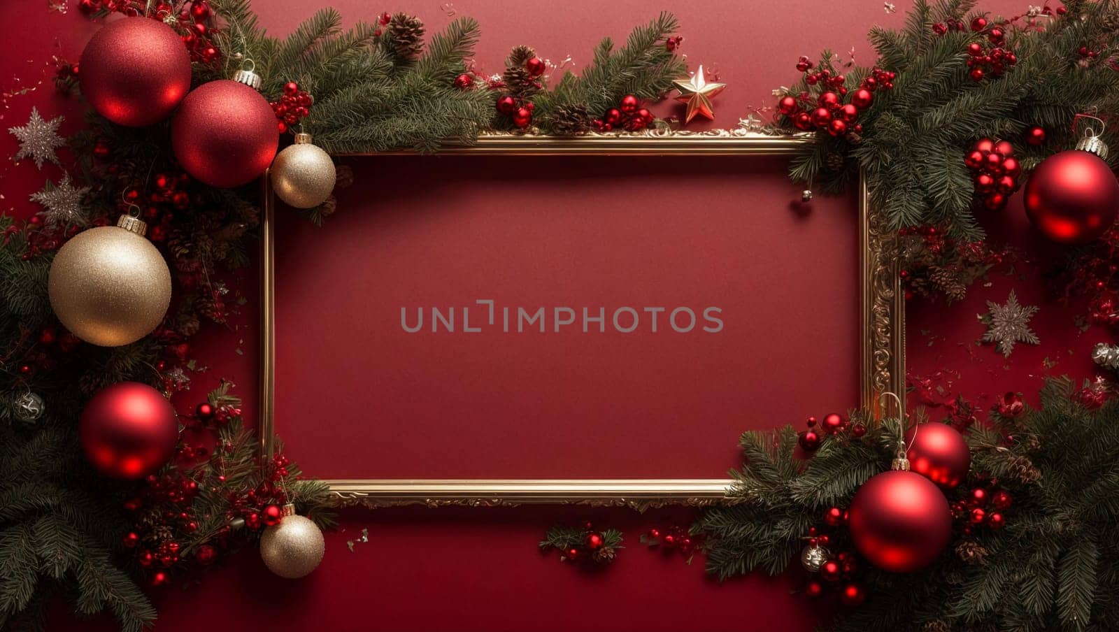 creative Christmas frame on a red background. Christmas and New Year holidays banner, postcard, invitation, celebration