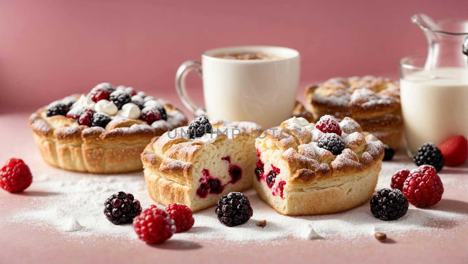 Cherry-raspberry berry pie on a pink background. This cake is perfect for a tea party with family or friends