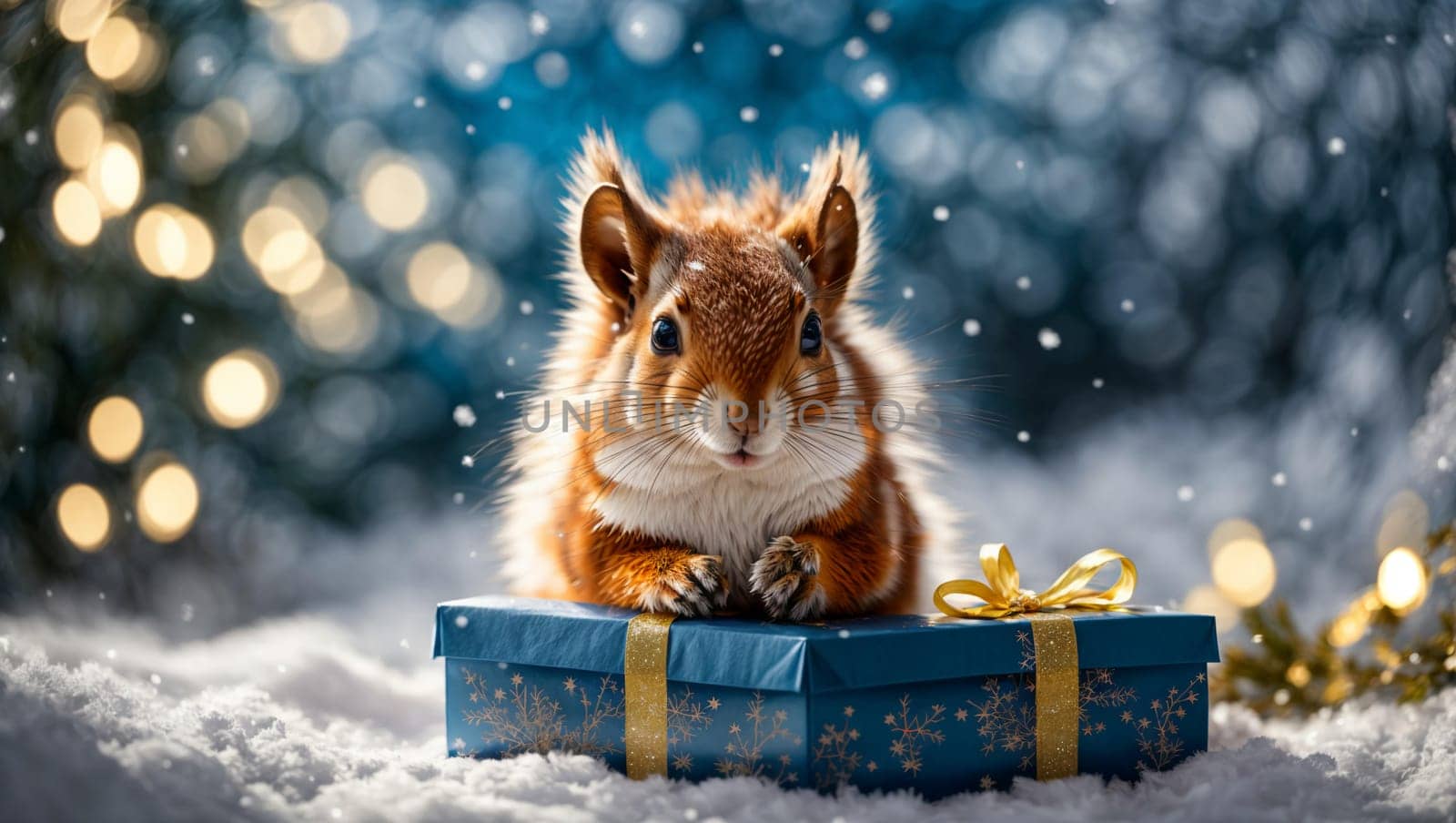 A unique and charming fluffy squirrel with a New Year's gift. Fluffy squirrel with a New Year's gift on a New Year's background