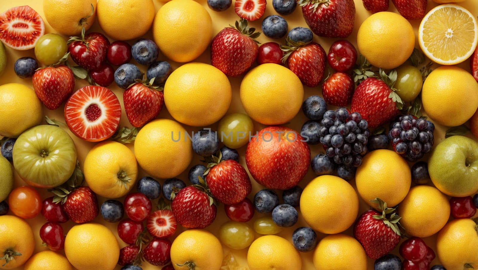 Collection of mixed fruits, top view, flat arrangement of fruits on a yellow background,