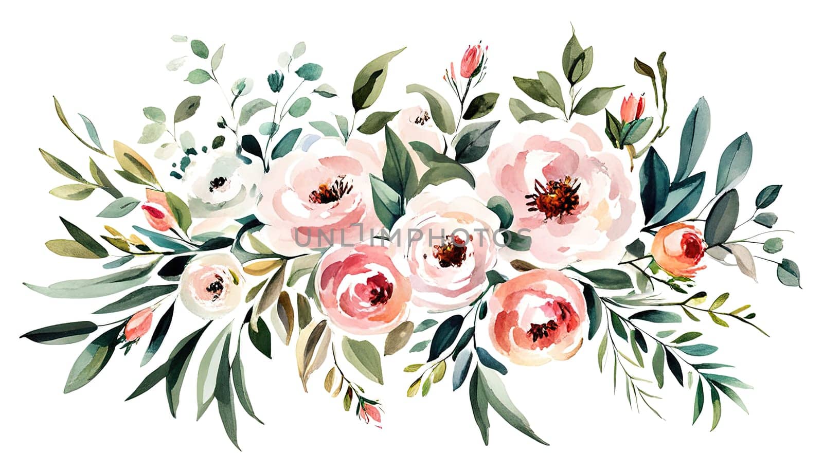 Watercolor rose flower bouquet collection , pink rose watercolor flower with transparent background. by EkaterinaPereslavtseva