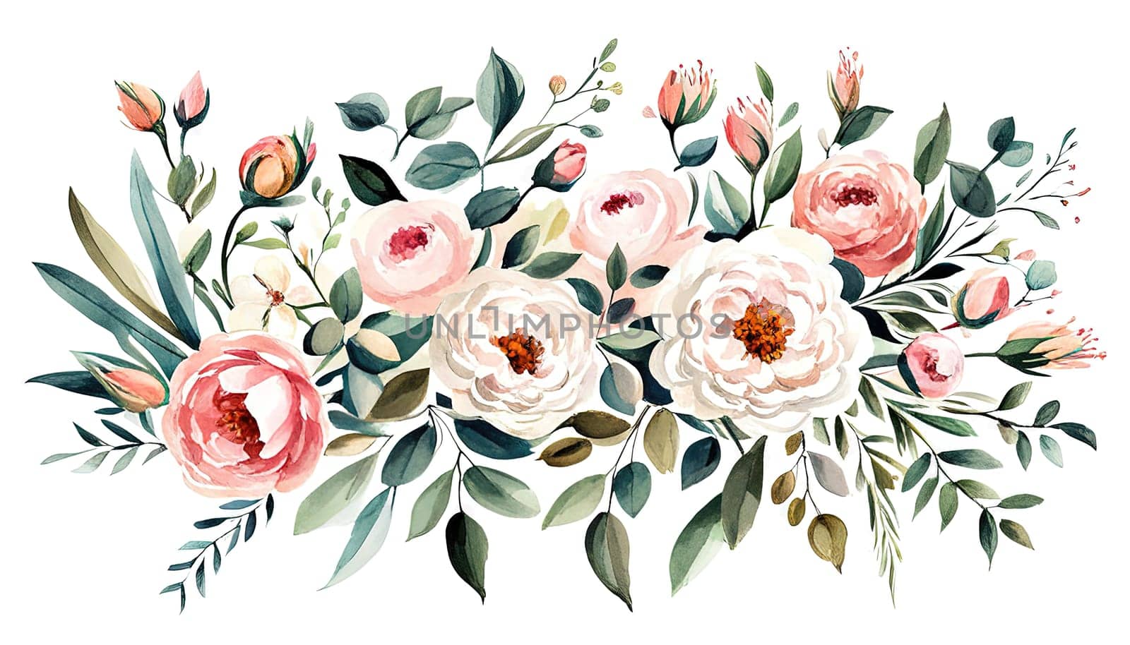 Watercolor rose flower bouquet collection , pink rose watercolor flower with transparent background. by EkaterinaPereslavtseva