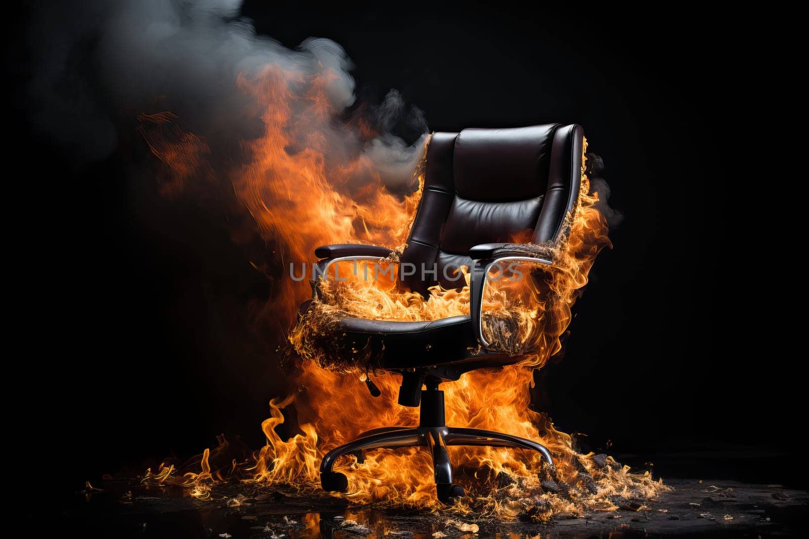Burning office chair on a black background, burning furniture. Professional burnout of office workers.