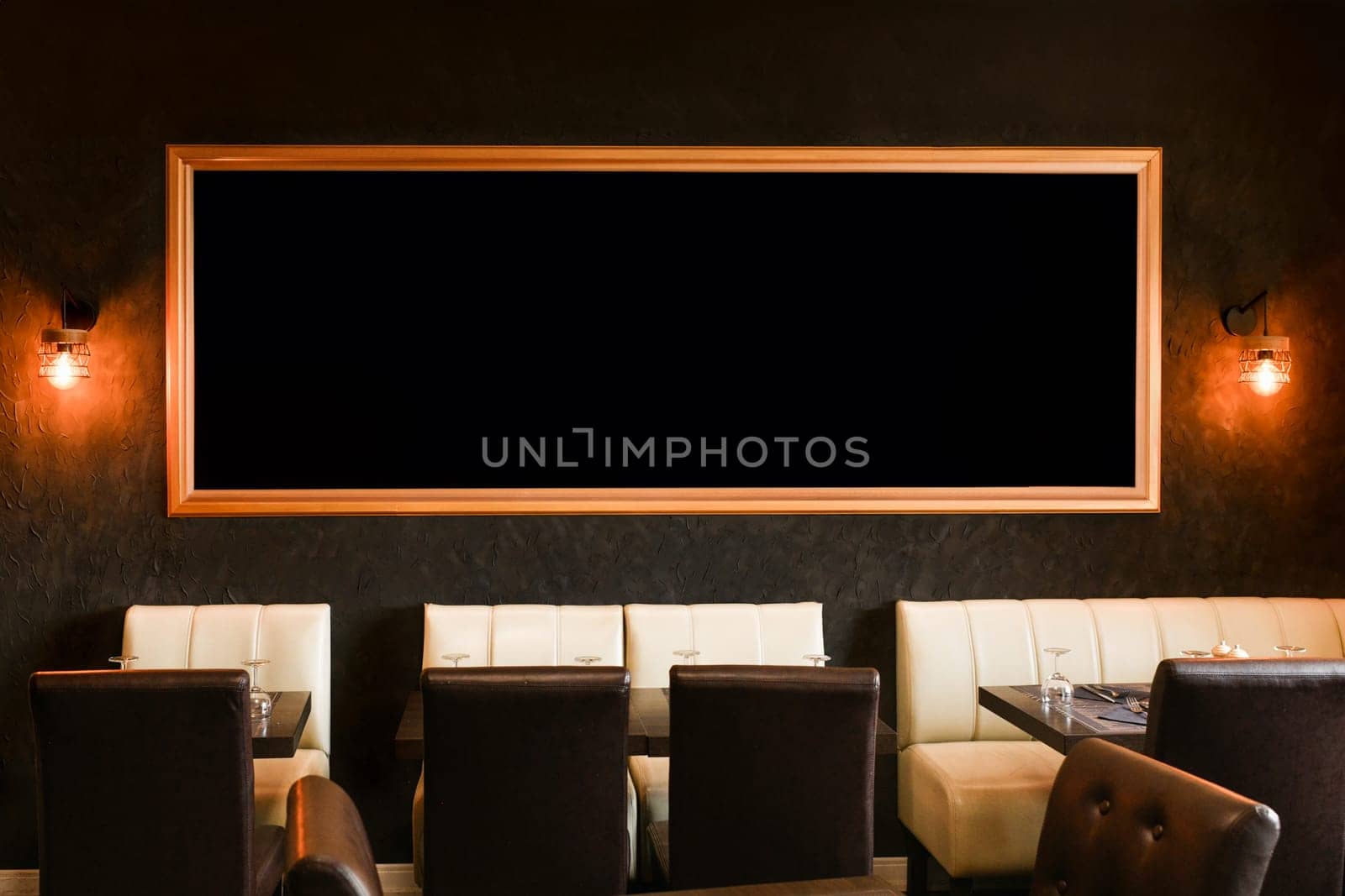 Blackboard menu at restaurant.Empty copy space by Godi