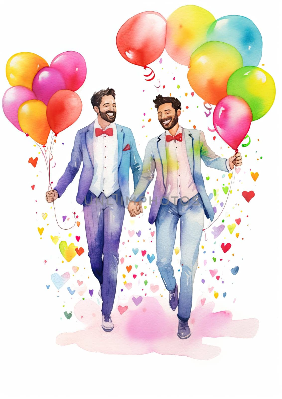 Illustration of two gay men holding hands and smiling with colorful balloons isolated on white background.
