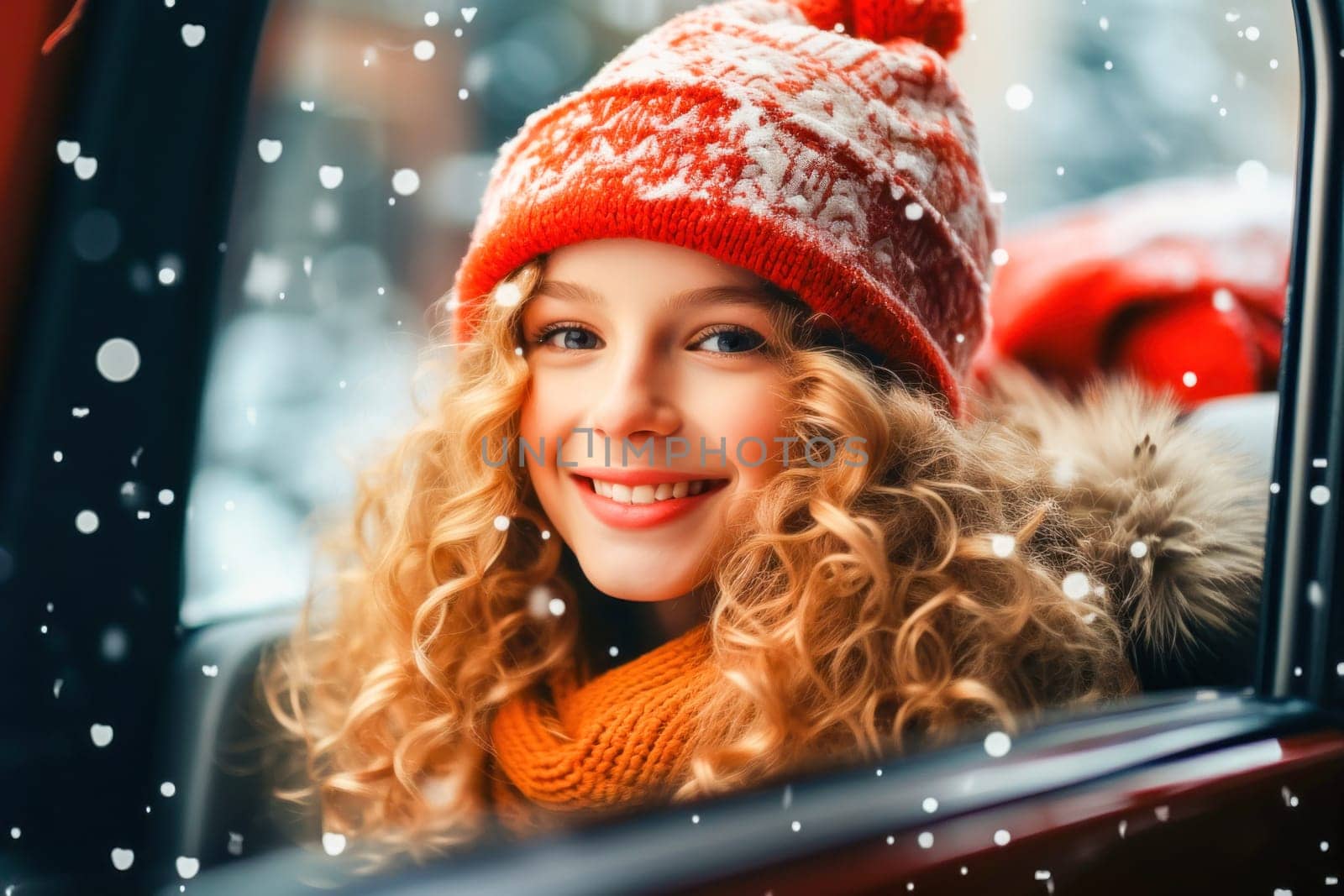 Cheerful girl in a red hat on the background of falling snow. The joy of winter games and a smile will give you warmth and peace.