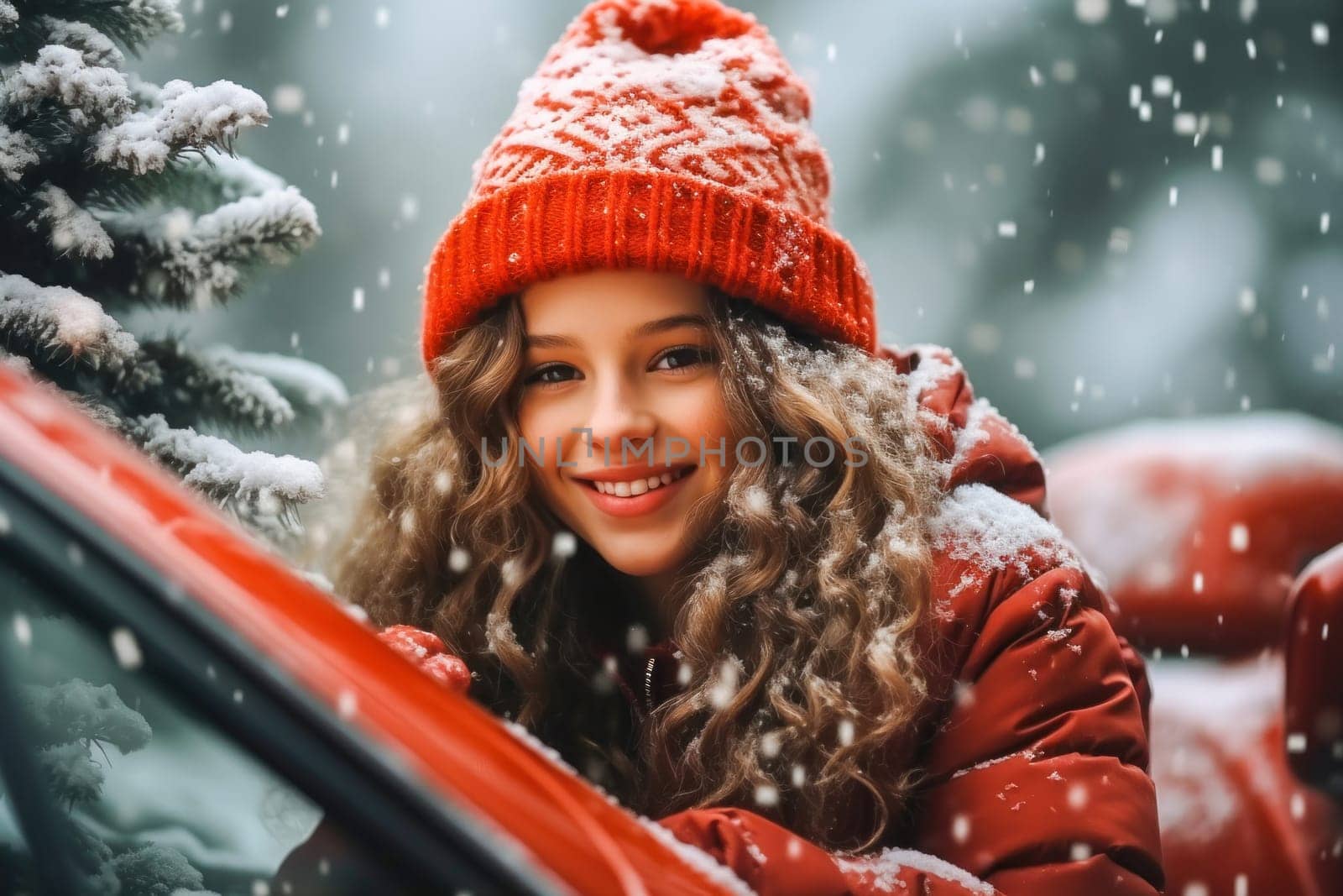 Happy girl in red hat standing by car on snowfall background in winter/