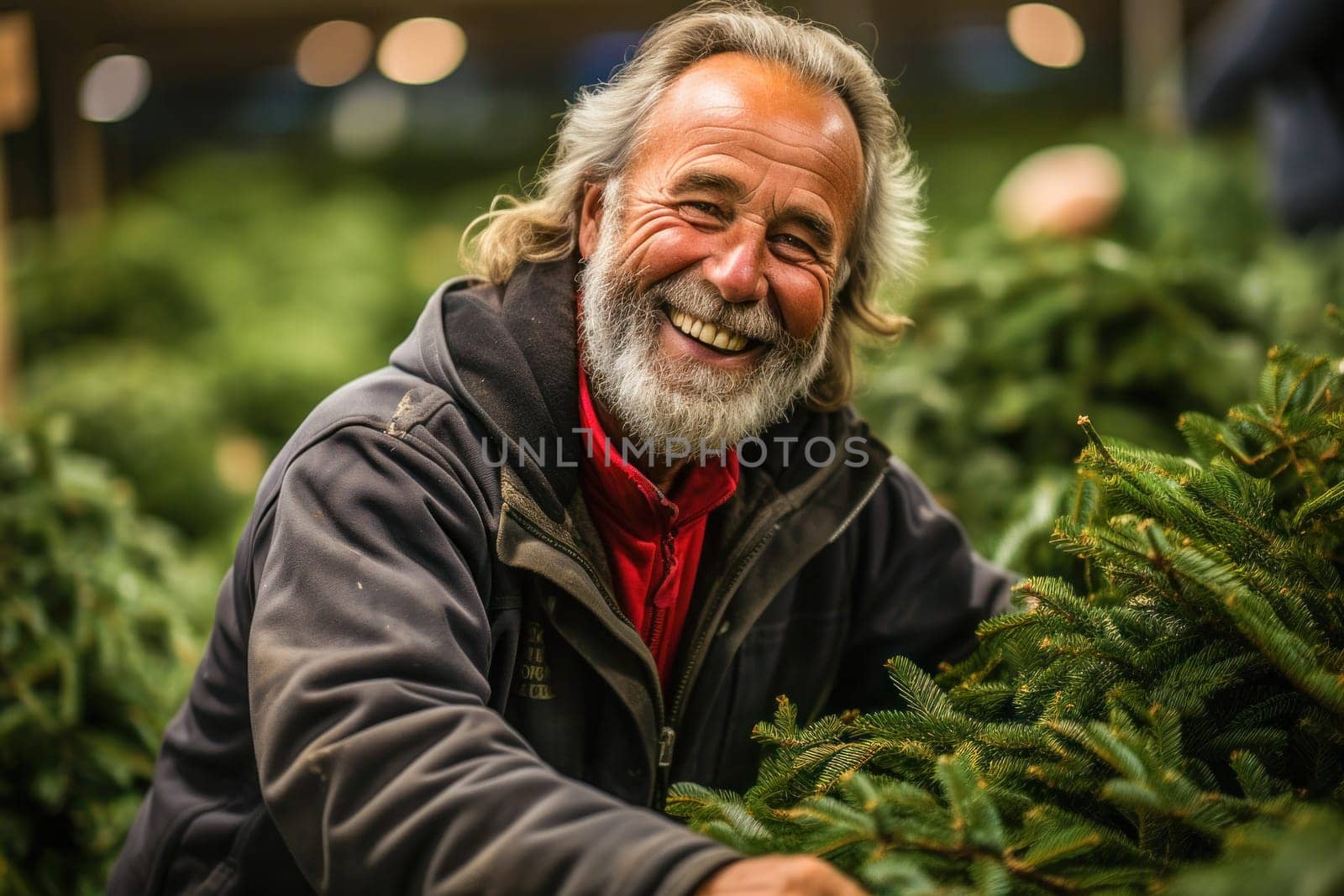 A man full of joy carefully chooses the perfect Christmas tree at a lively holiday market surrounded by a cheerful holiday atmosphere and many colorful decorations.