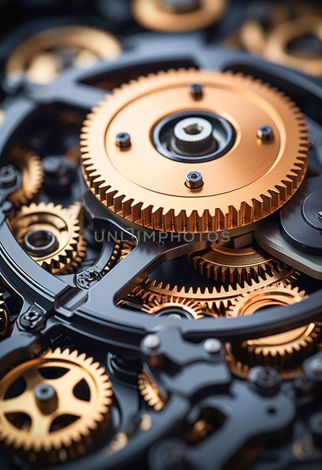 Close-up of the precision gears and gears of the clockwork, showcasing the intricate details and mechanical complexity of the watch.