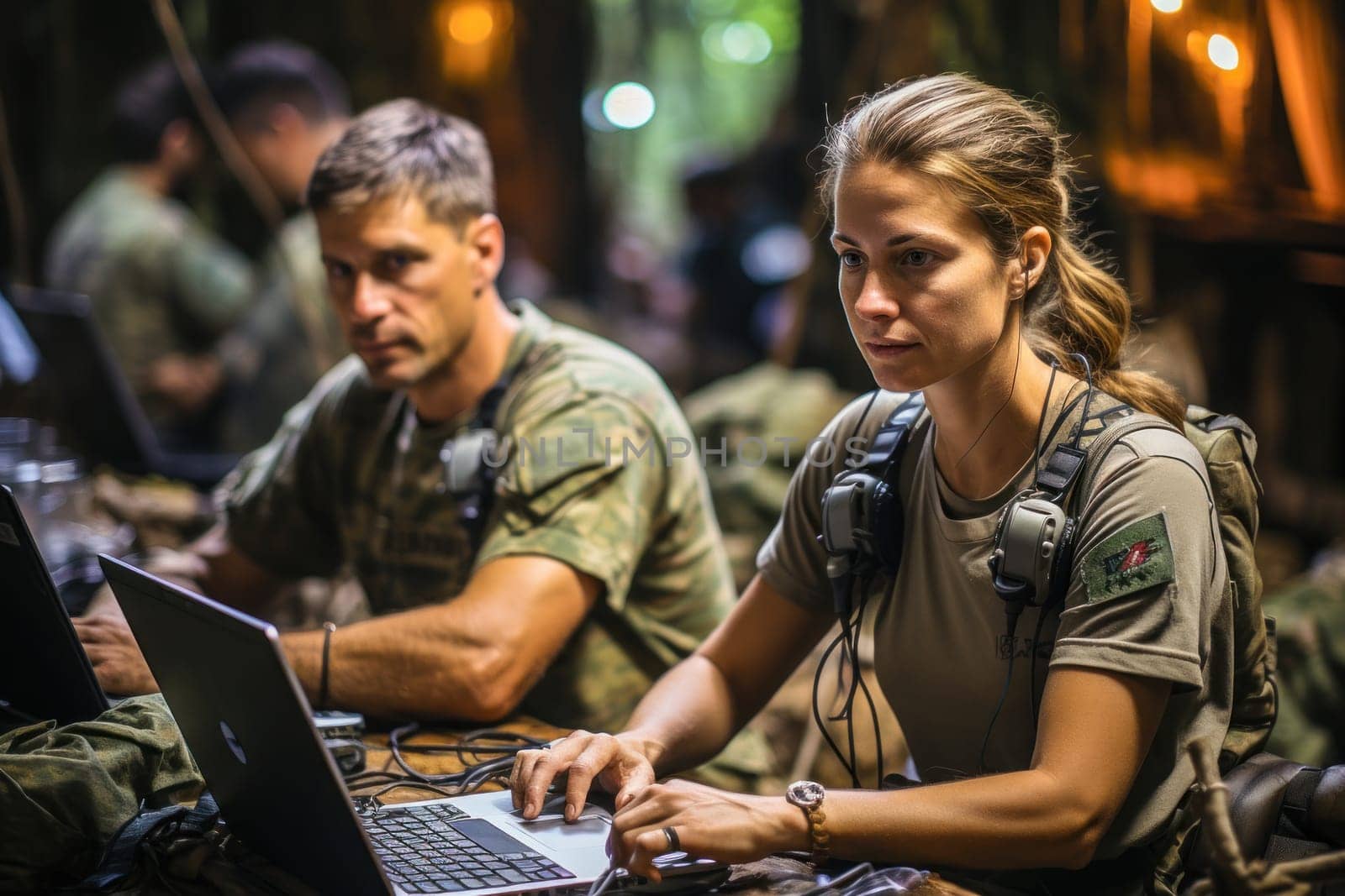 Attentive military personnel in camouflage clothing focus on their duties, working on a laptop, surrounded by the tranquility of a wooded area.