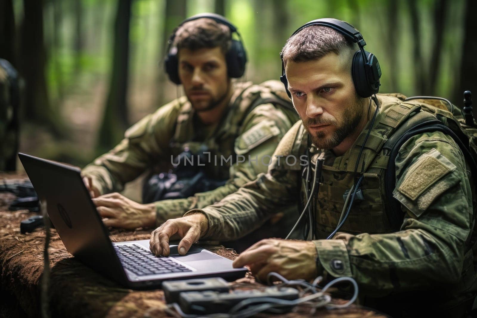 Concentrated military personnel in camouflage uniforms and headphones working hard at laptop among trees in forest.