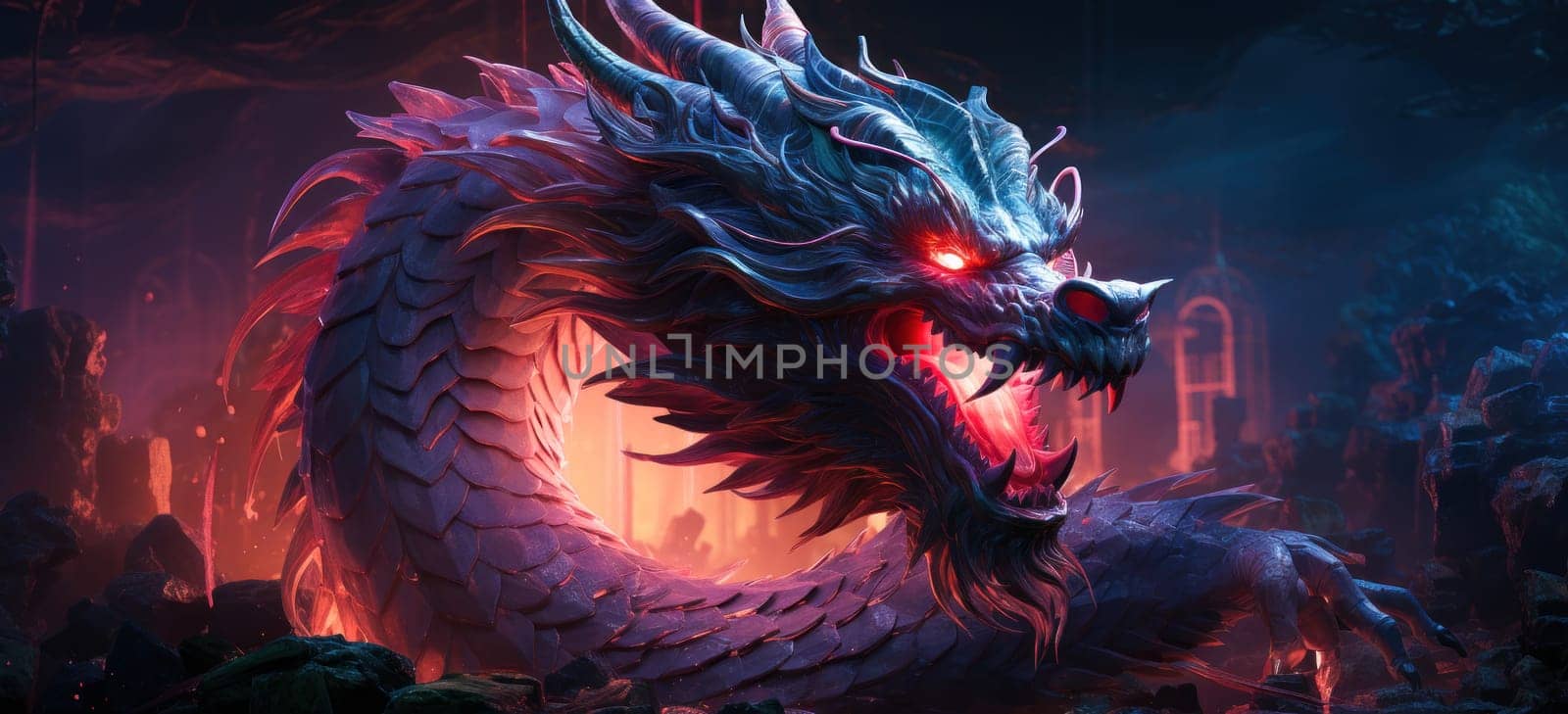 An impressive wall print featuring a spectacular and adorable dragon in radiant red and purple tones is the perfect complement for fans of mythical creatures and fantasy art..
