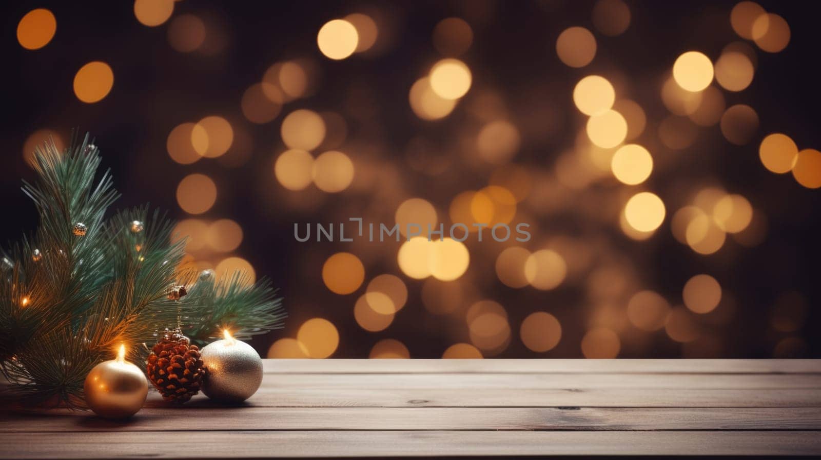 Merry Christmas and Happy New Year background with empty wooden table over Christmas tree and blurred light bokeh. Empty display for product placement. Rustic vintage Xmas 2024 background. comeliness