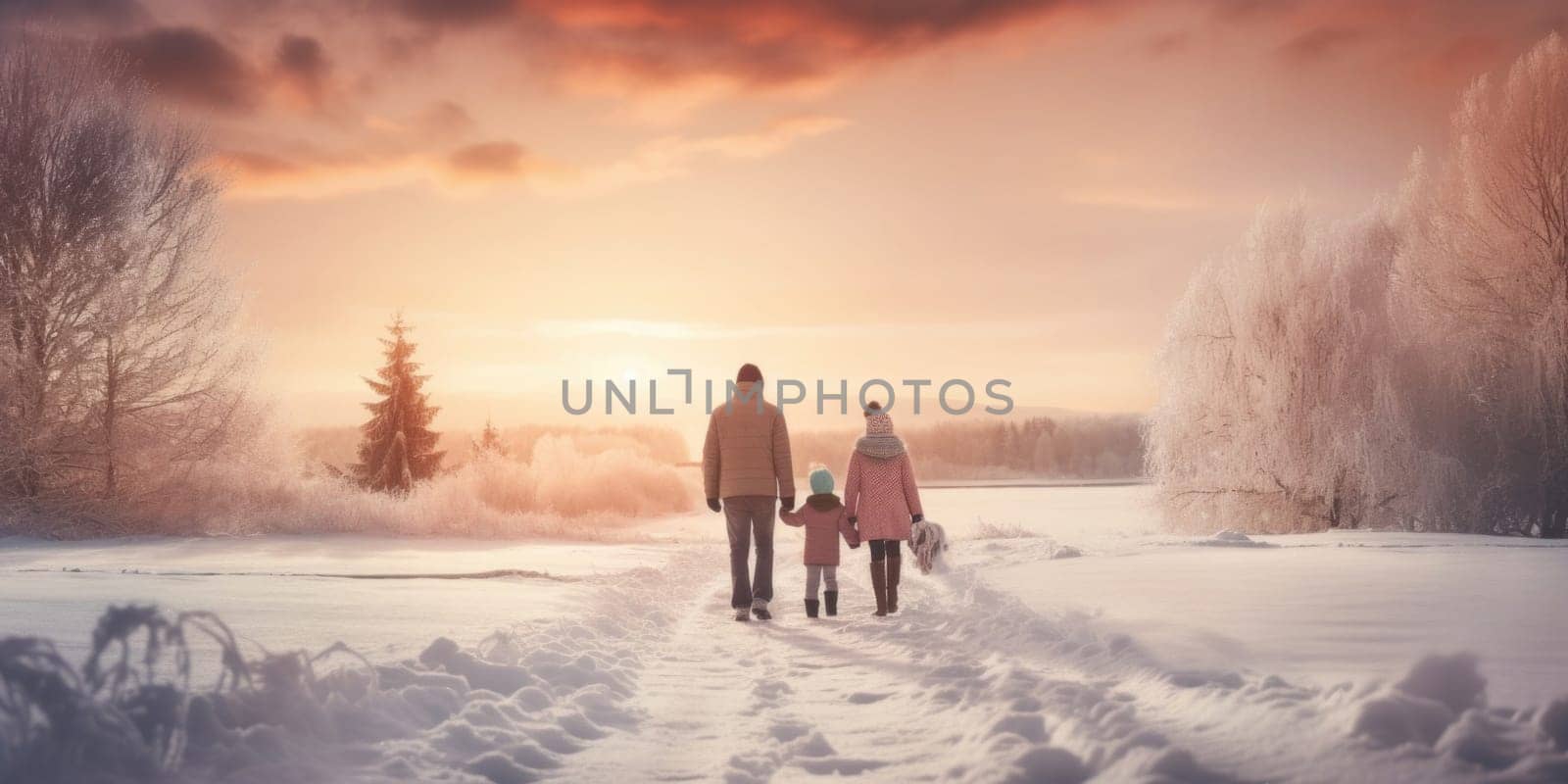 Happy family Father, mother and children are having fun and playing on snowy winter walk in nature. comeliness