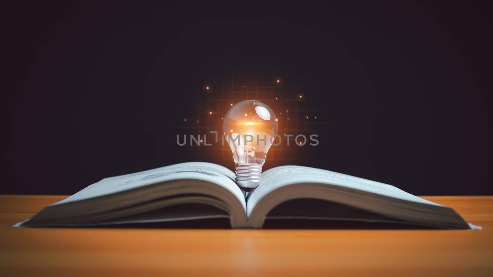 Educational knowledge and business education ideas, glowing light bulb on a book, Inspiring from read concept, self-learning, knowledge and searching for new ideas, Thinking for new idea, Innovations. by Unimages2527