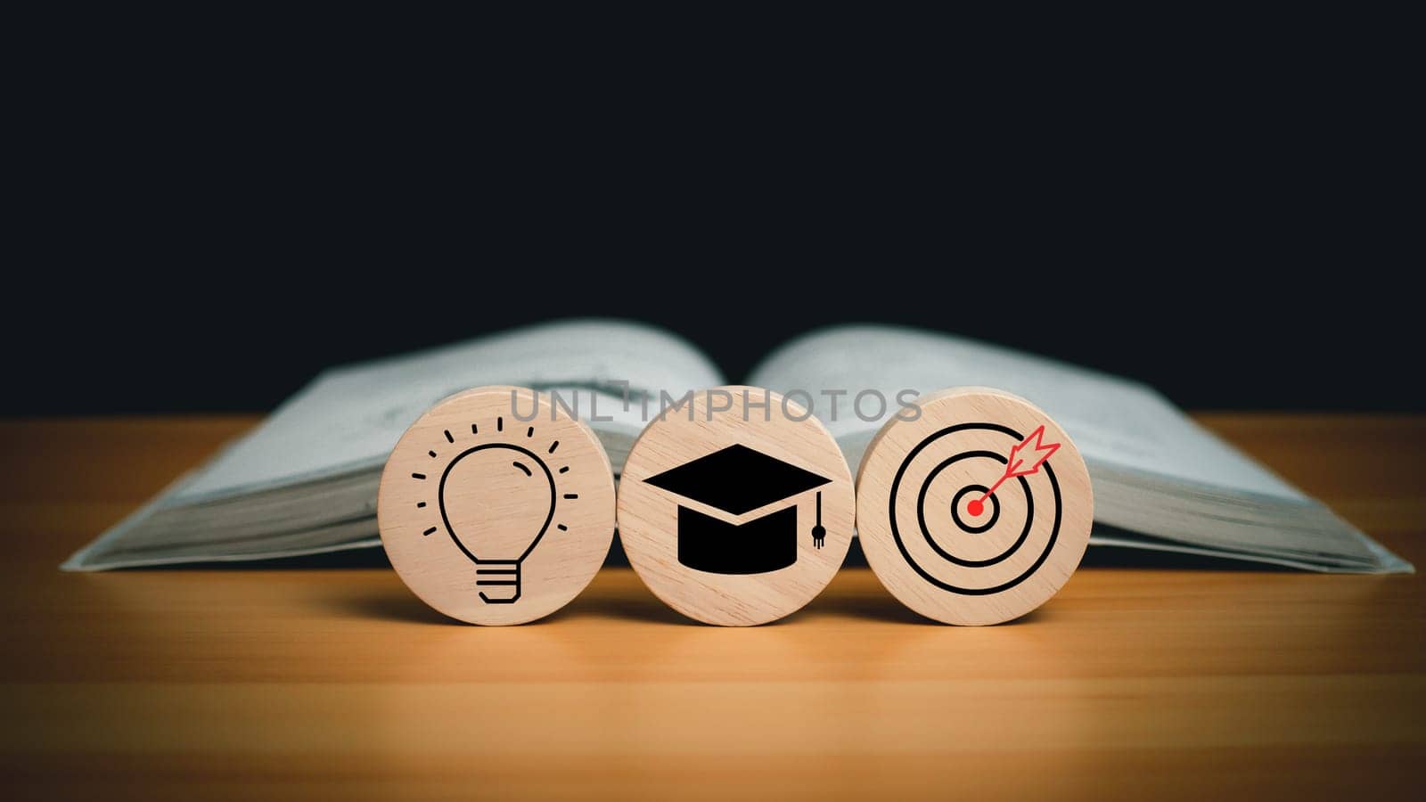 Book in library with icon, business success idea and education or learning online concept, businessperson achievement and inspiration. by Unimages2527
