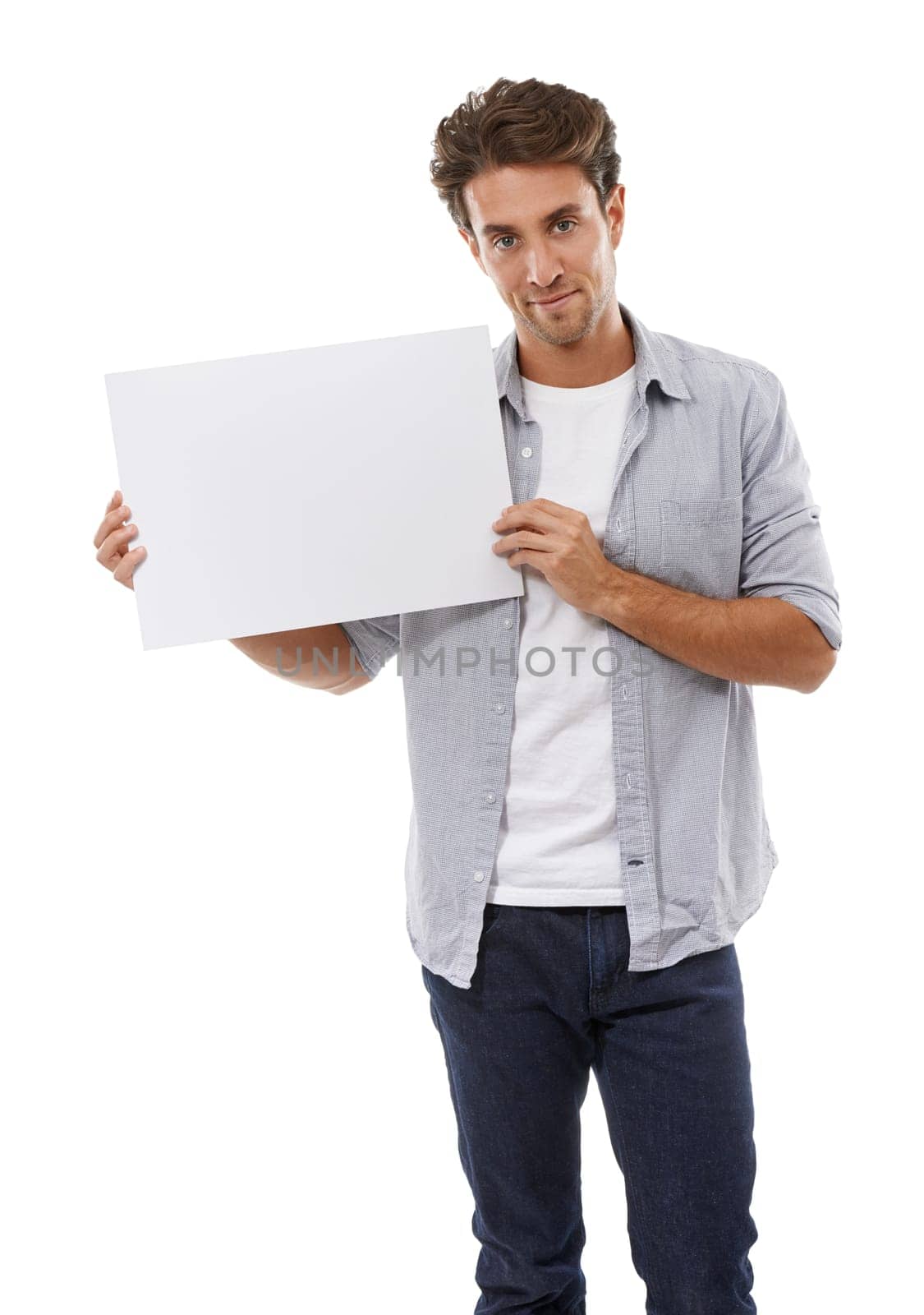 Poster, mockup and portrait of man with sign, presentation and communication of announcement in white background. Blank, placard and person advertising in studio, space and billboard for news or info.