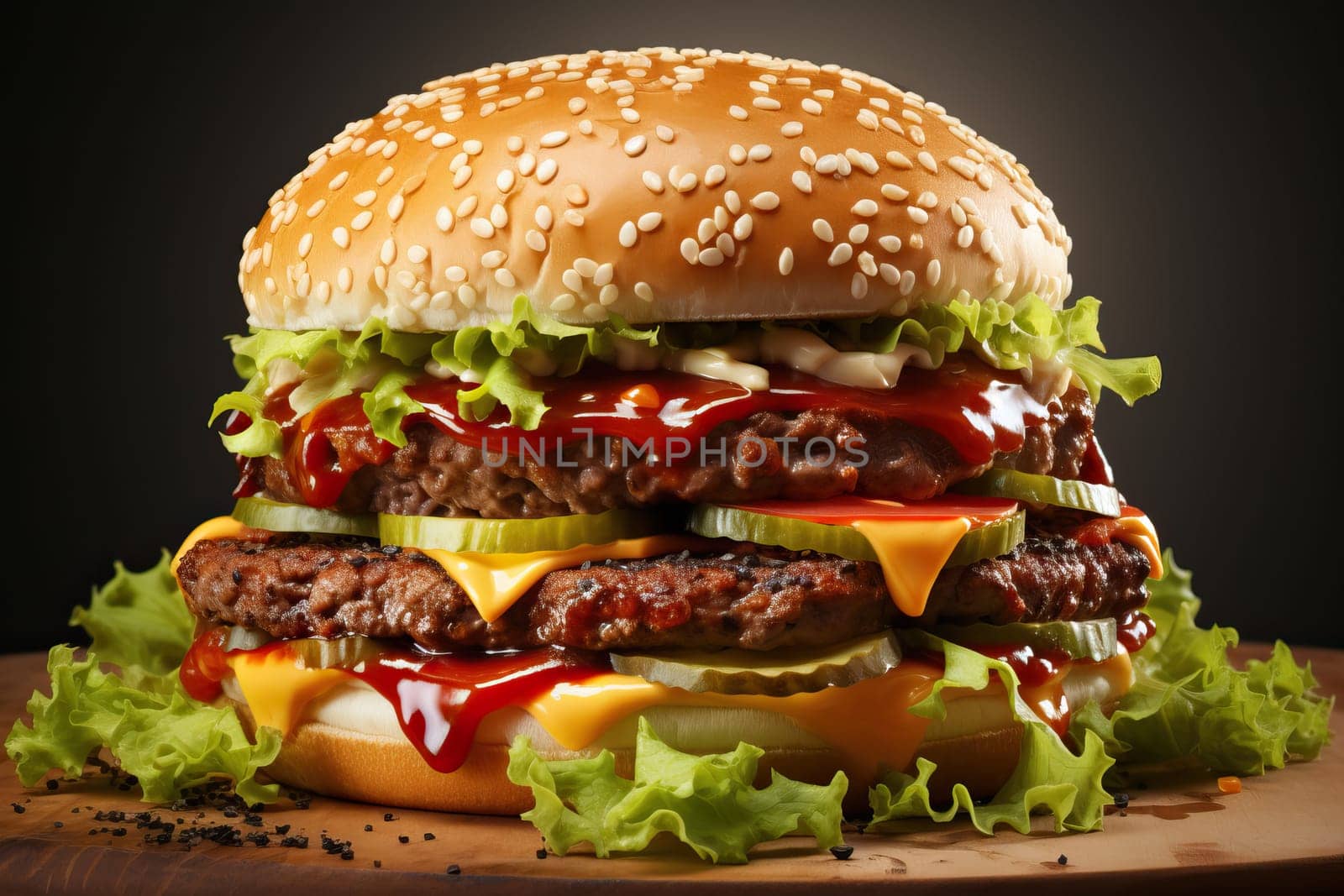 Juicy cheeseburger on a black background, cheeseburger fast food.
