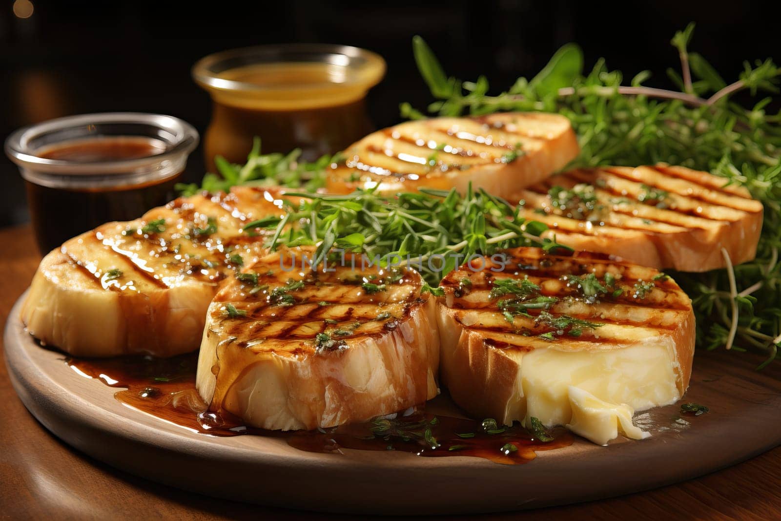 Cooked Camembert cheese on the grill, a flow of melted cheese, a delicious cheese dish.