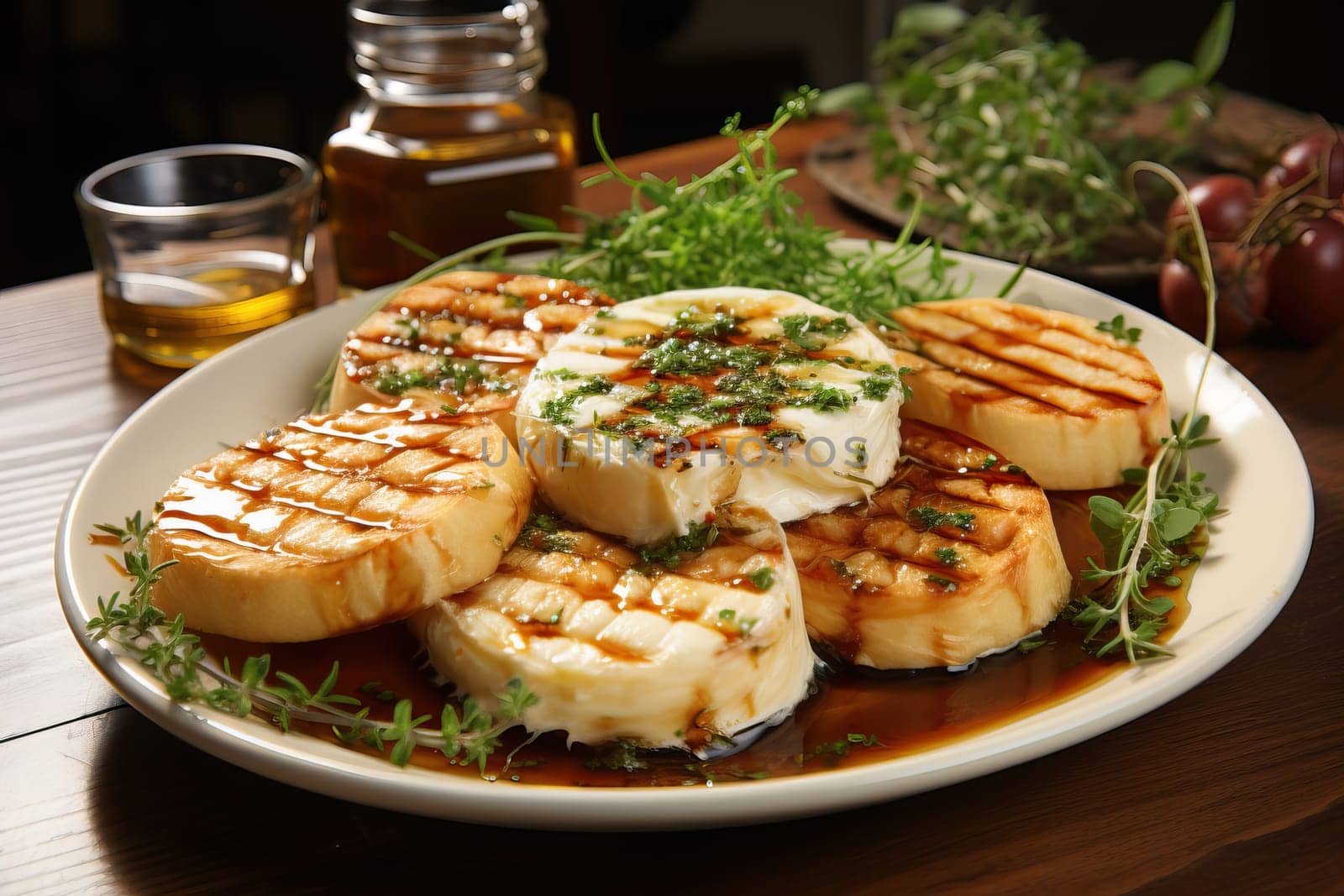 Cooked Camembert cheese on the grill, a flow of melted cheese, a delicious cheese dish.