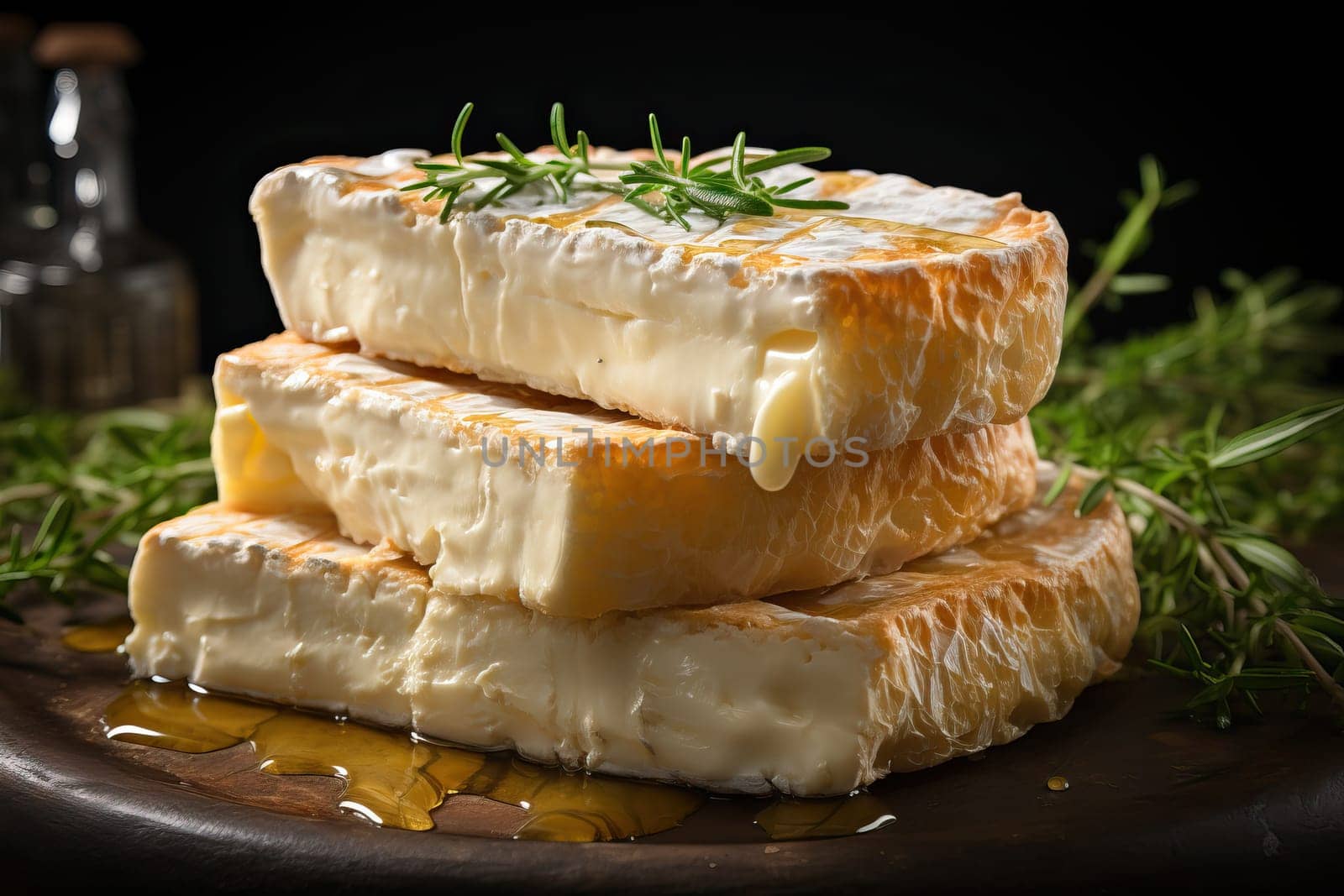 Aged goat cheese with honey on a wooden board with a sprig of rosemary.