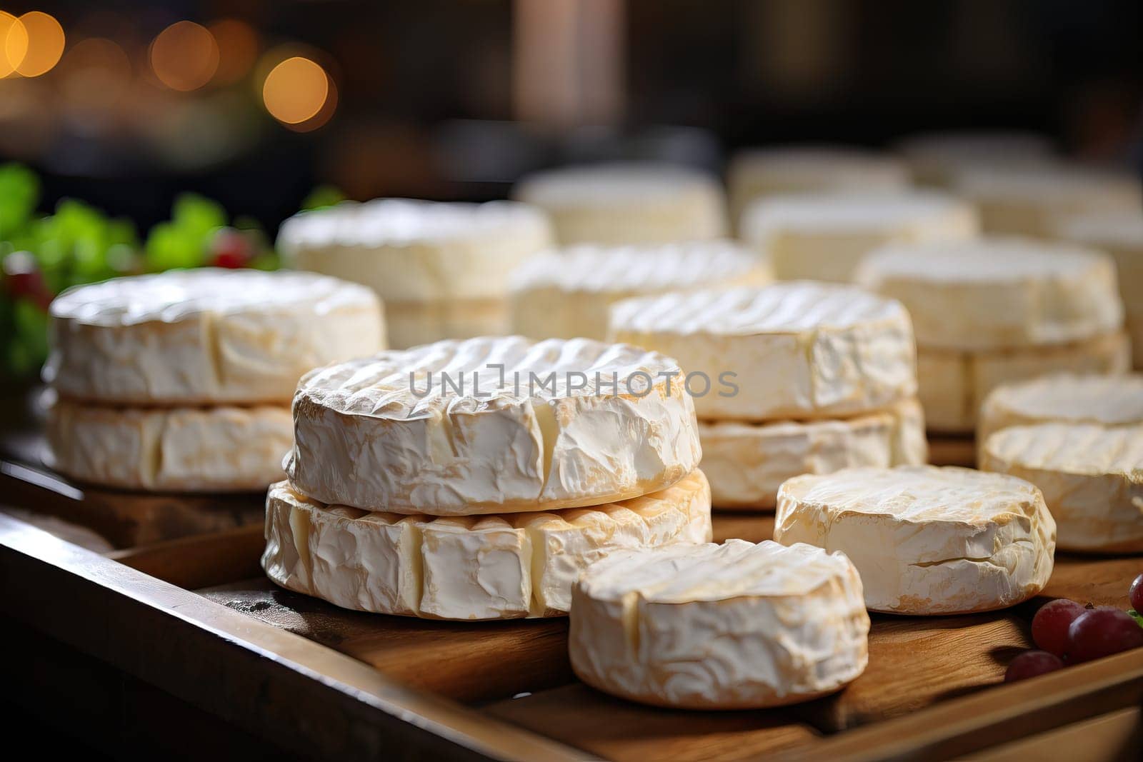 Camembert cheese on wooden shelves, cheese in store on shelves.