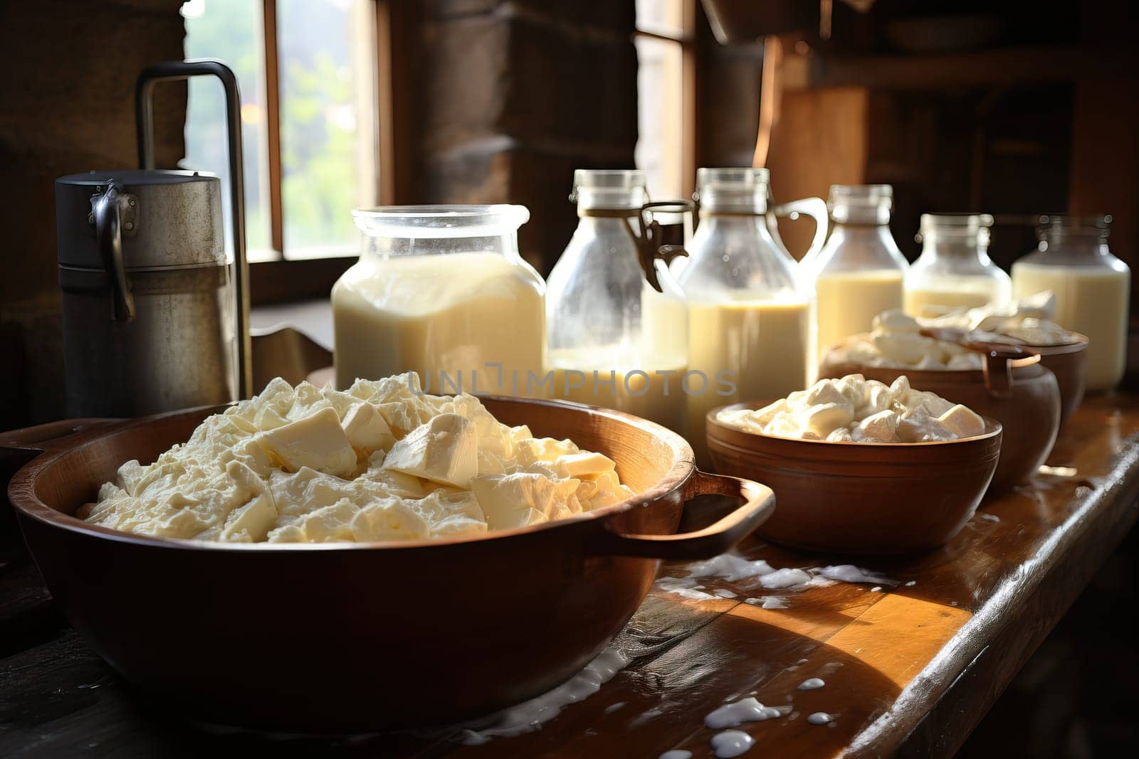 Freshly made white cheese in bowls and milk in bottles, cheese dairy product.