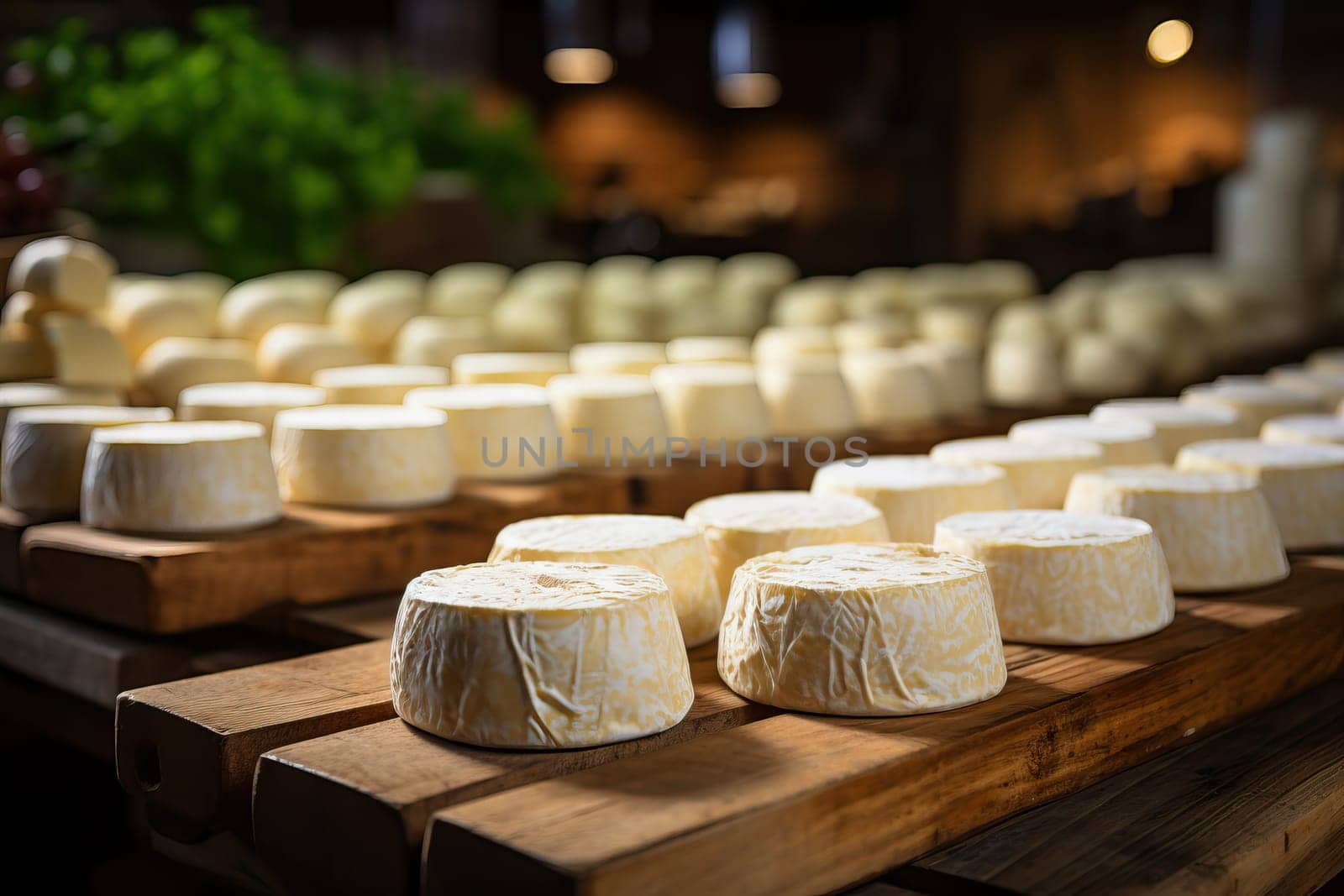 Storage and aging of cheese on wooden shelves in a pantry, production of dairy products.